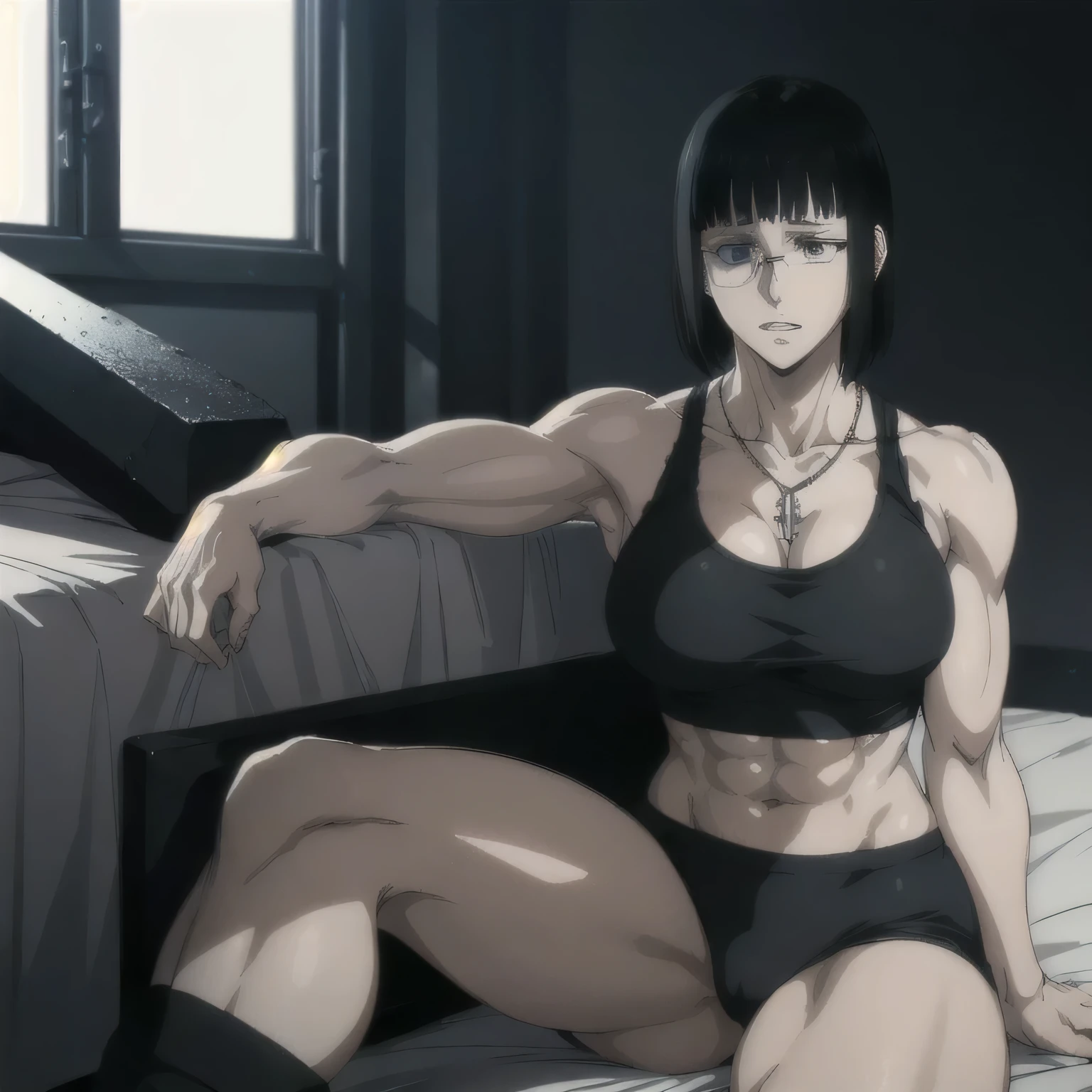 (best quality,ultra-detailed,realistic:1.37),musclaur badass girl with sculpted body with preview her musclaur body and six-pack, full review of the female character's face and body, intense expression, strong and confident posture, studio lighting, vivid colors, physiologically-based rendering, grungy texture, rugged background, dust particles in the air, commanding presence, professional, powerful, gritty aesthetics,,Valmet،short hair,necklace,Light reflection on shoulders,Sweat in muscles،A devious smile،wearing military underwear and midriff tank top, tattoos on shoulders،Fat free body,Hand veins,sitting on bed