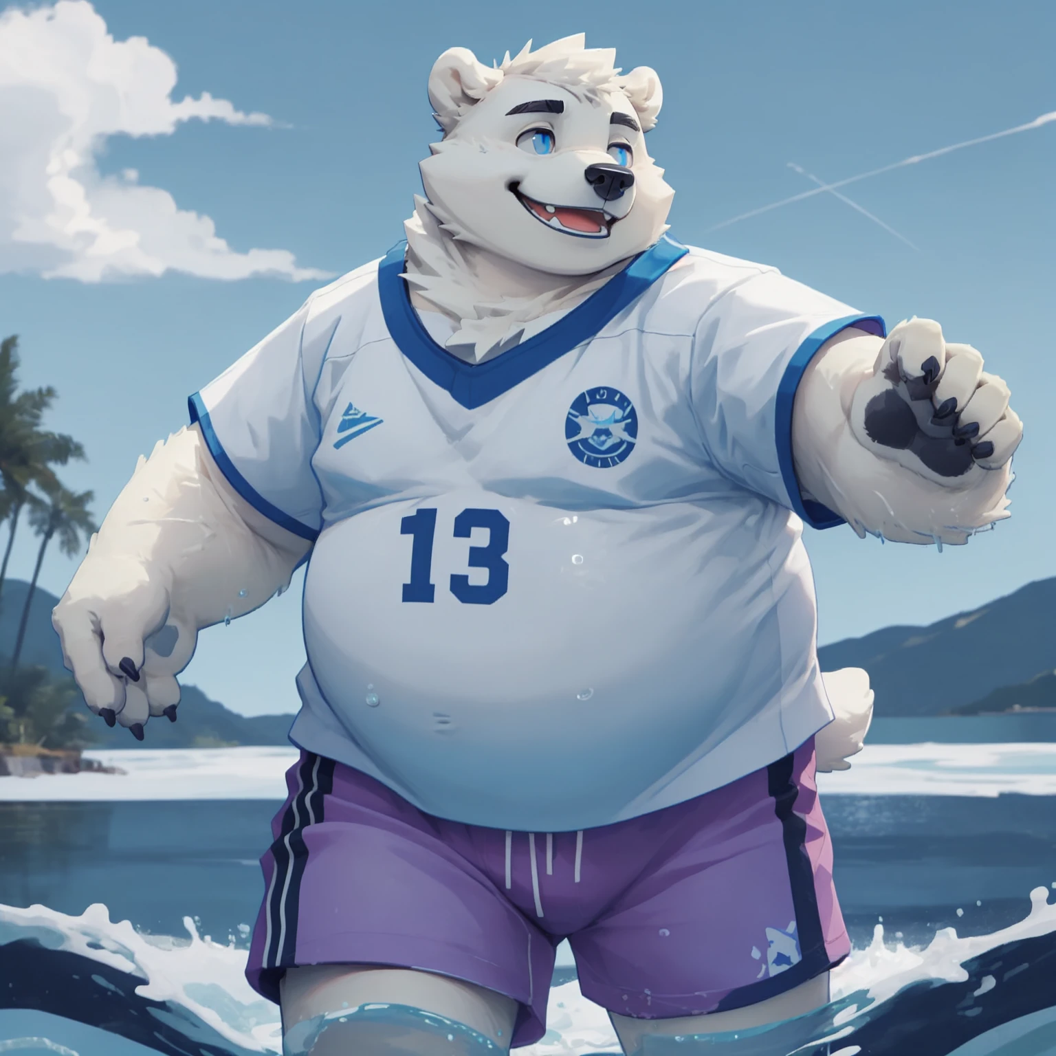 New Jersey 5 Furry,polar bear，，Personal portrait,Unique，Exquisite， Chubby，Fat，White plush fur，Chubby脸，Black eyebrows，Sky blue eyes，White shirt，shorts，riverside，Playing in the water，Smile