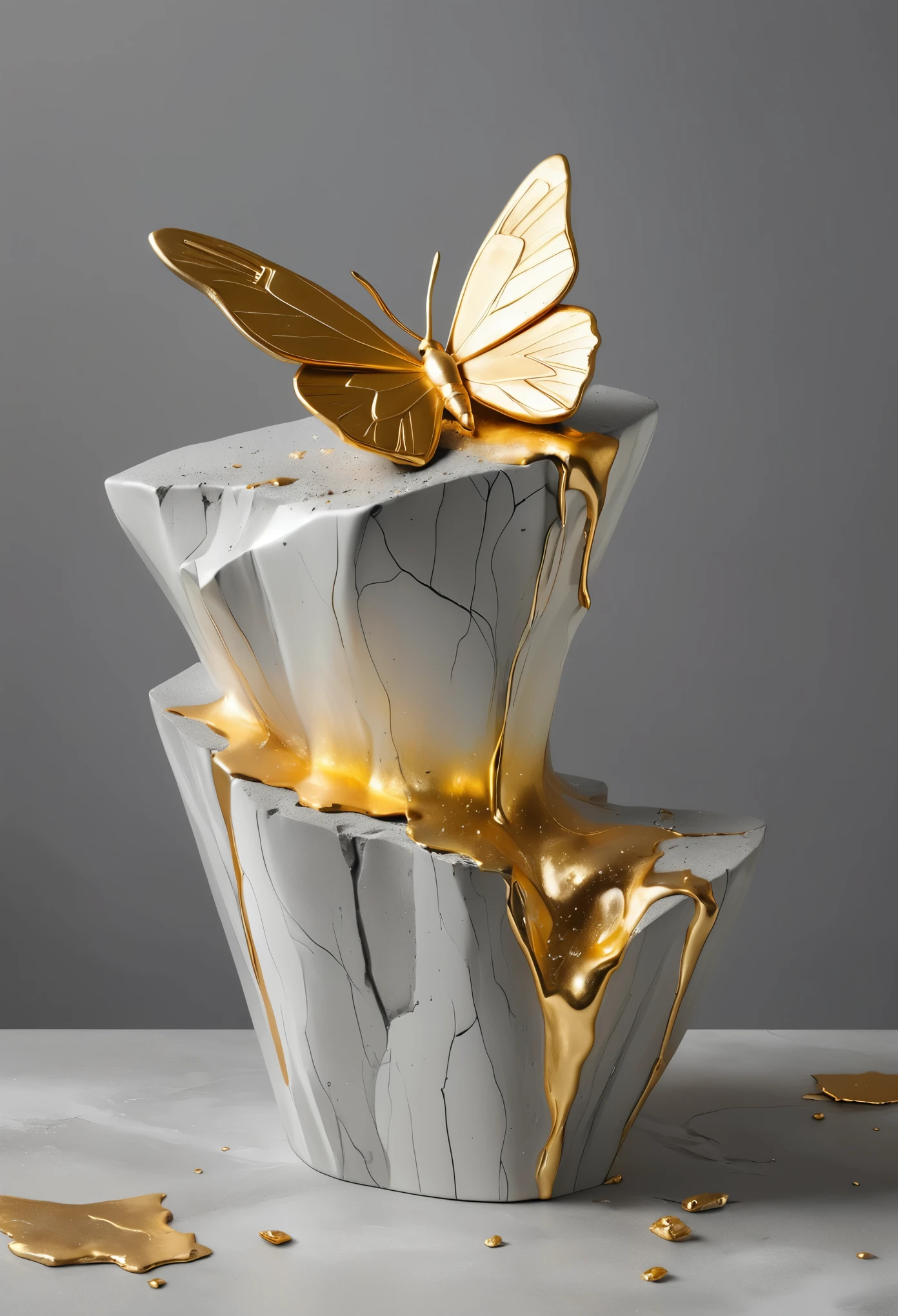 ((display，Still life table，Artistic statues，3D Sculpture，ceramics，Surface cracks，Shattered Texture)), Showing the beauty of nature.gold，Golden powder， This artwork is presented on a grey background，To emphasize its artistic quality.
