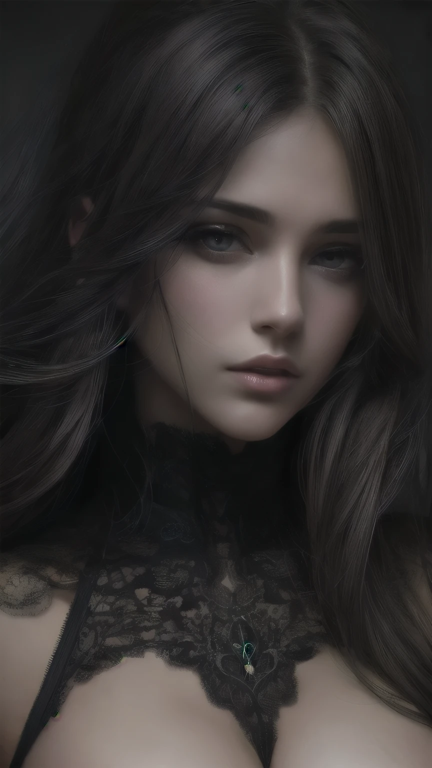 masterpiece, Best Quality, Illustration, Ultra-detailed, finely detail, hight resolution, 8K Wallpaper, Perfect dynamic composition, Beautiful detailed eyes , Sexy face,Face feeling ecstasy,Face at the peak of sexual arousal, looking at viewer, ((Dark background)), in the style of Mark Demsteader,
