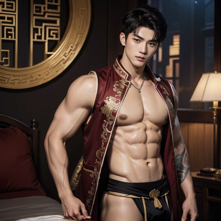 Alafard 2 man kissing,  hug,  cuddle,  romantic, touching lips,  shirtless  and white brief carrying a backpack, Full body shoots, muscular body, big chest and,  show of the abs,  detailed abs,  sexy posture,  super handsome,  manly,  inspirite by Zhang Han, Cai Xukun, Kim Do-young, Inspired by Bian Shoumin, Inspired by Xiao Yuncong, yihao ren, yanjun cheng, jinyiwei, inspired by Huang Gongwang, xintong chen,long red ancient Chinese Jacket with silver and golden detail,   wearing japanese loincloth,nice bare butts, Tattoo chest,  tattoo hands,  tattoo arms,  tattoo belly, mess curly fluffy styling hair,  detailed hair,  cool pendent, clear studio light, night ancient chinese haven background,  detailed background, fantasy Chinese themed, the best resolution, 8k, Ultra fullHD, look at the viewer,  catching eyes
