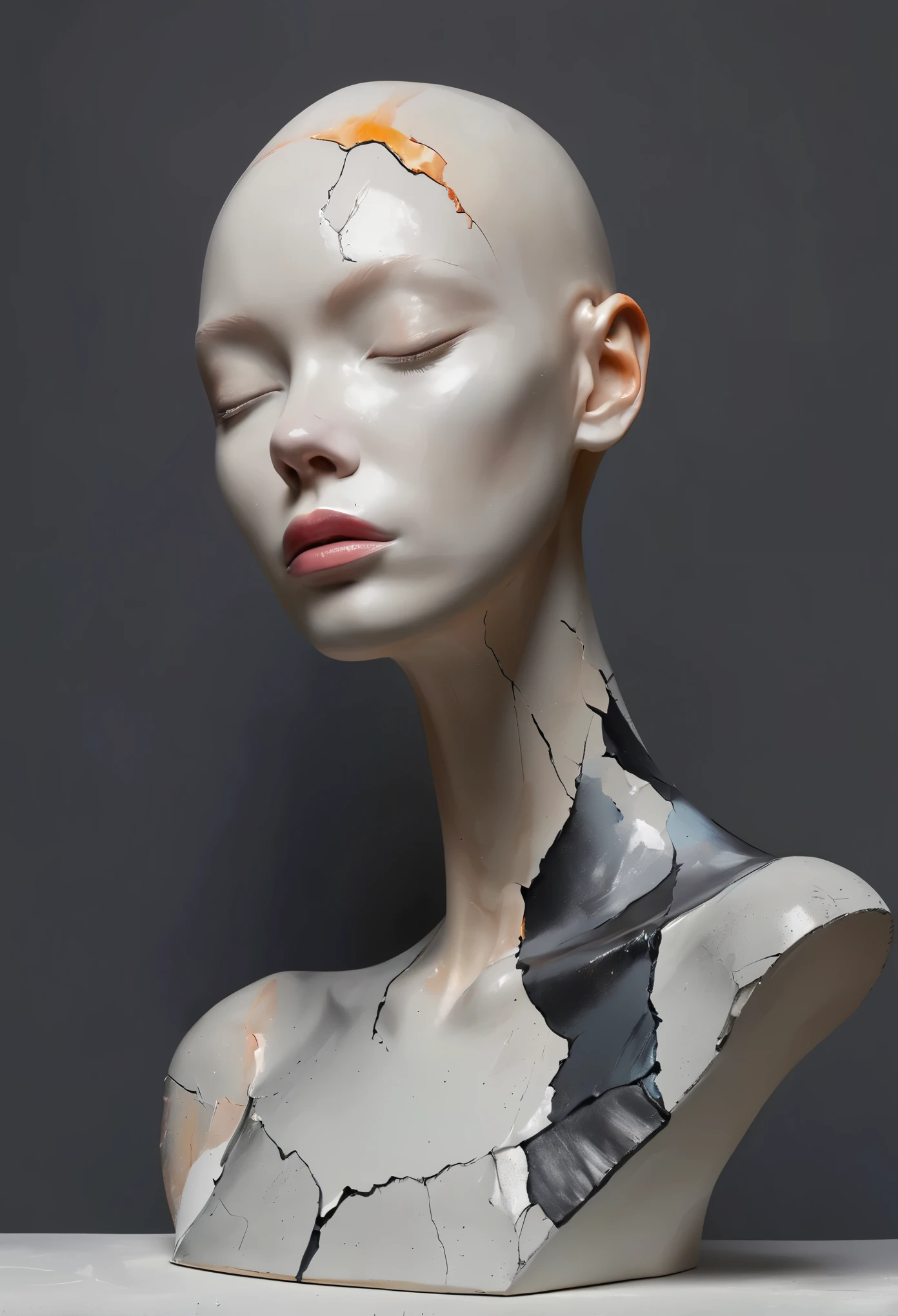 exhibit，Still Life Table，Artistic statues，3D Sculpture，ceramics，Surface cracks，Shattered Texture，Elegant temperament，Beautiful Portrait，bald，Acrylic paint on shoulders，The face is painted with oil paint,Dark background，Light and shadow contrast