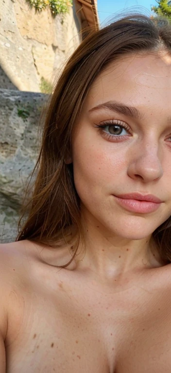 Femme brune de 30 ans, qui a un visage très naturel, thin lips, soutient gorge , gros seins, Yeux fins, sourcils fins, Long cils, dehors, selfie.