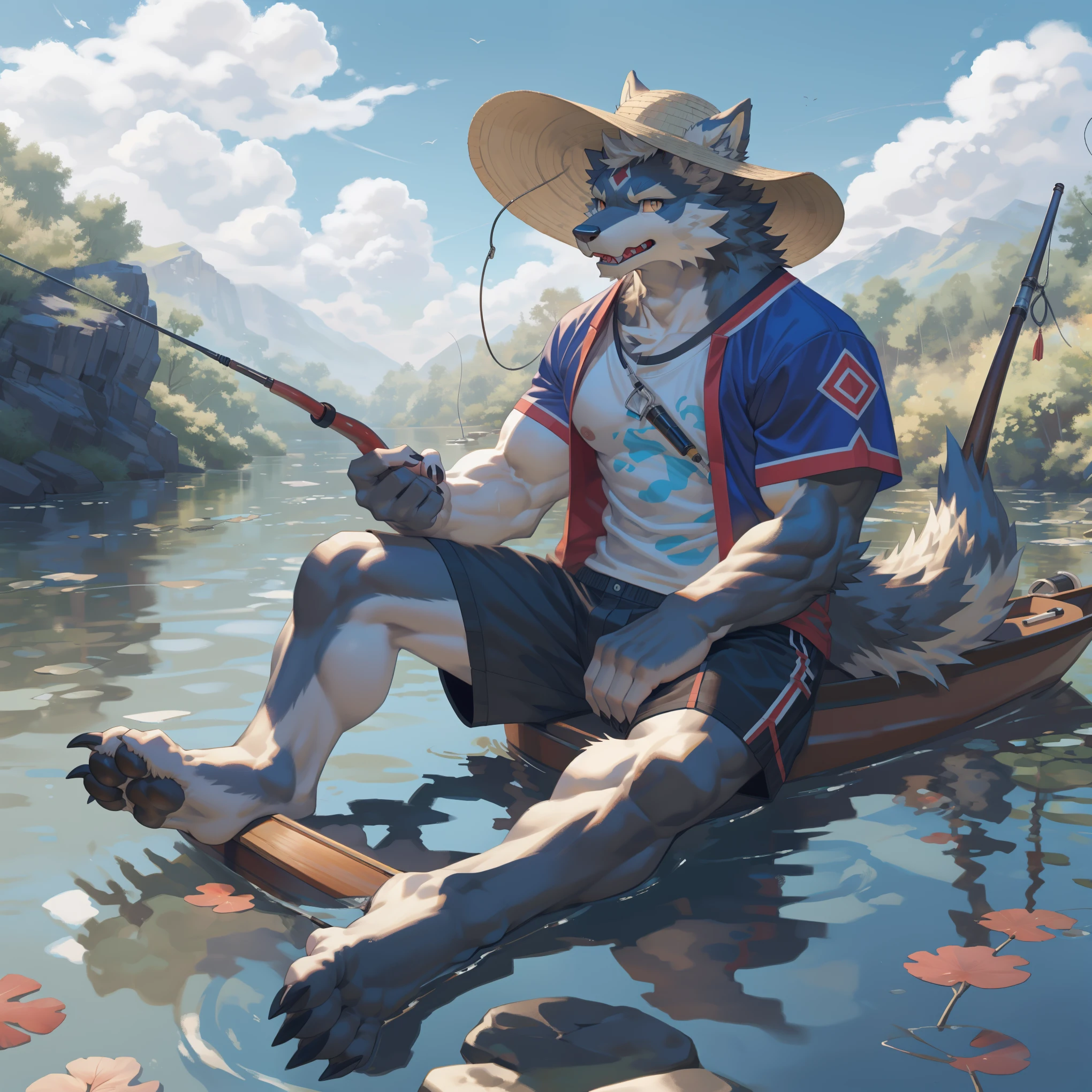 human nature(Wolf),(Cinnabar:1.2),Tail,((whole body,Gray body, White fluffy, Black Hand, black foot, Gray face,finger,toe,Tail )),(((fishing rod))),muscular, (fishing rods through hat) Detailed hands, Sharp Teeth, river, ((Sitting in a canoe)), fishing, ((straw hat)) , fishing rod, nipple, shorts, whole body, (author：Empty Ghost,From raccoon21,masterpiece,high quality)