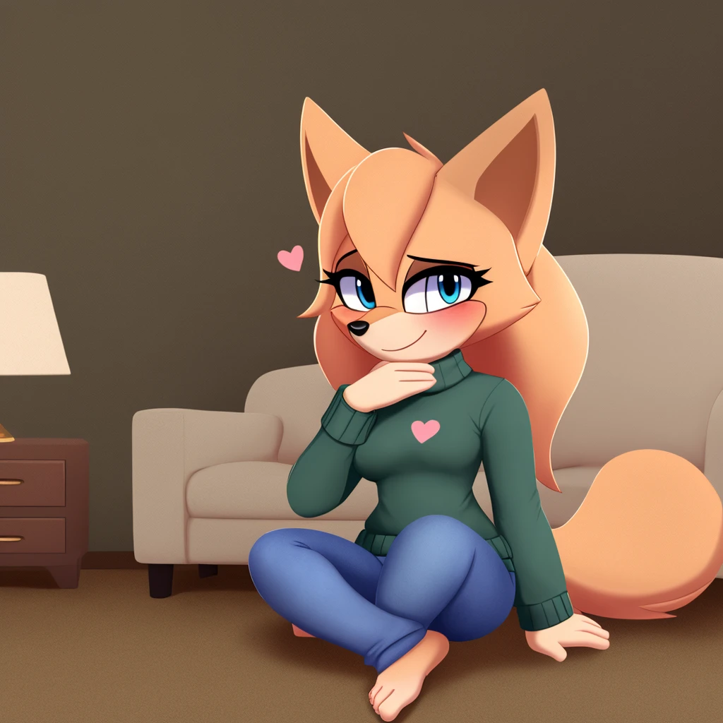 score_9, score_8_up, 1girl, solo, Whisper the wolf, blue eyes, blushing, sitting, living room, sweater, jeans, smile, closed mouth, cute, hearts, looking at viewer, lineless style, 2D 