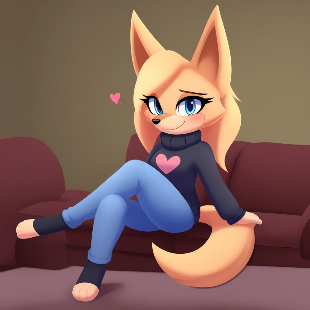 score_9, score_8_up, 1girl, solo, Whisper the wolf, blue eyes, blushing, sitting, living room, sweater, jeans, smile, closed mouth, cute, hearts, looking at viewer, lineless style, 2D