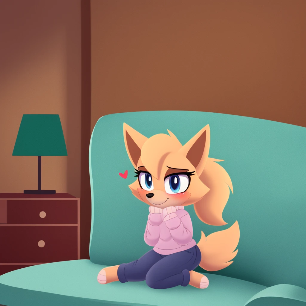 score_9, score_8_up, 1girl, solo, Whisper the wolf, blue eyes, blushing, sitting, living room, sweater, jeans, smile, closed mouth, cute, hearts, looking at viewer, lineless style, 2D