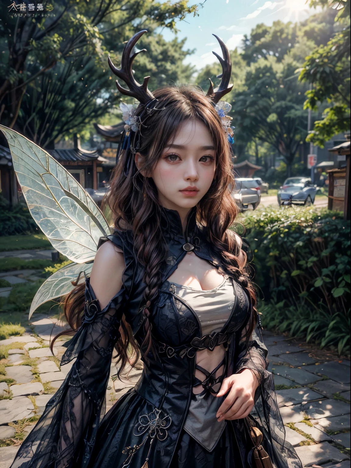 a picture of a mecha fairy rest a 彩虹色of花草甸, whole body, antlers，Exquisite beauty (Super detailed, masterpiece, 最好of质量: 1.4) woman, Dynamic Angle (Best details, masterpiece, 最好of质量), Best details face (Best details, masterpiece, 最好of质量: 1.5), 极度woman化 (Best details, masterpiece, 最好of质量), wing, Red hair, Long hair, Braided Hair, Dynamic eye color, , rest (彩虹色of花草甸: 1.6), Full Color, (Perfect spectrum: 1.3),( 充满活力of工作: 1.4) 鲜艳of红色, orange, of, 绿色of, 蓝色of, indigo, violet daylight, Sun rise, High Detail, Fantasy Art, RPG art 最好of质量, 16K, [Super detailed], masterpiece, 最好of质量, (Super detailed), whole body, Super wide angle shooting, Reality,, Anatomically correct, 有紋理of皮膚, High Detail, 8k