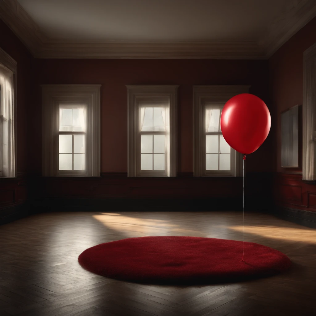 (best quality,4k,8k,highres,masterpiece:1.2),ultra-detailed,(realistic,photorealistic,photo-realistic:1.37), a single red balloon floating in the middle of an empty room, dimmed lighting, horror, ominous