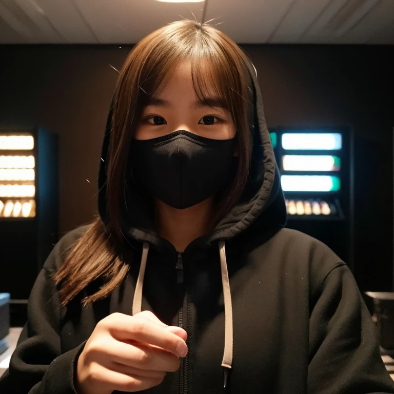 Dark room, black hoodie, selfie, brown hair, young Asian girl, perfectly drawn hands,happy,black mask 