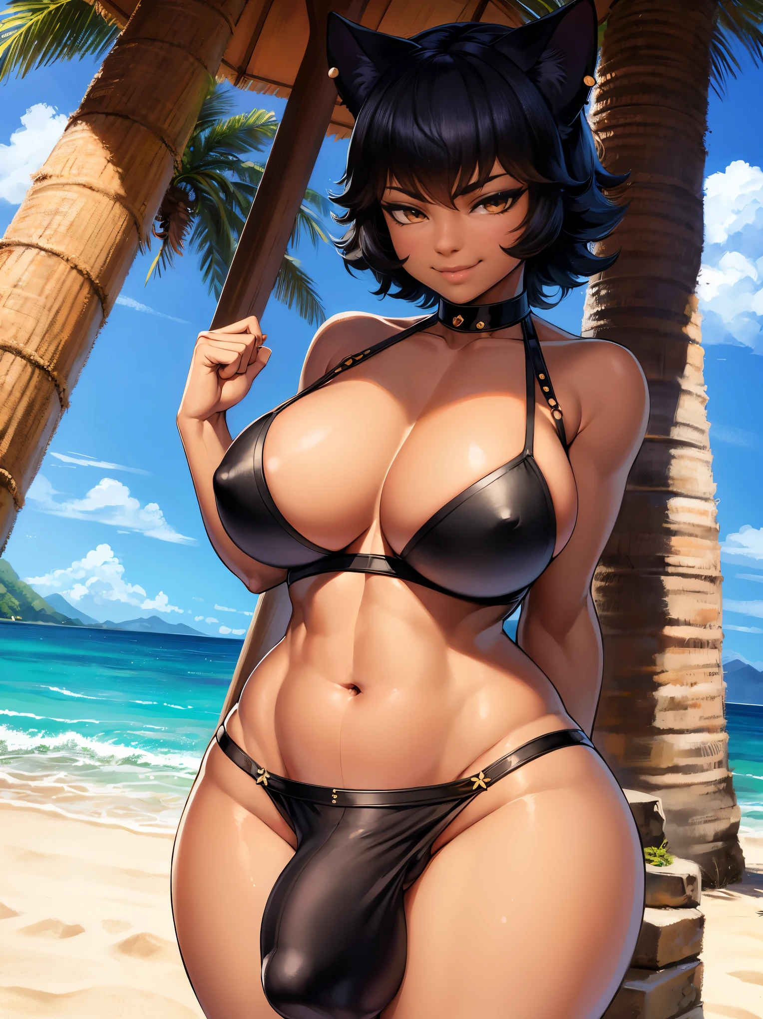 (solo:1.4),(masterpiece), (best quality:1.3), ultra detailed, intricate, professional art, digital art, absurdres, kalibelladonna, 1girl, bob hair, black hair, messy hair, cat ears, tanned skin, (tan skin:1.5), pierced cat ears, solo, Kalibelladonna wearing leopard-print-swimsuit Outside at village beach , full lips, smirk, universal lighting, fontal view, wide hips, testicle bulge, penis bulge, wide hips,
