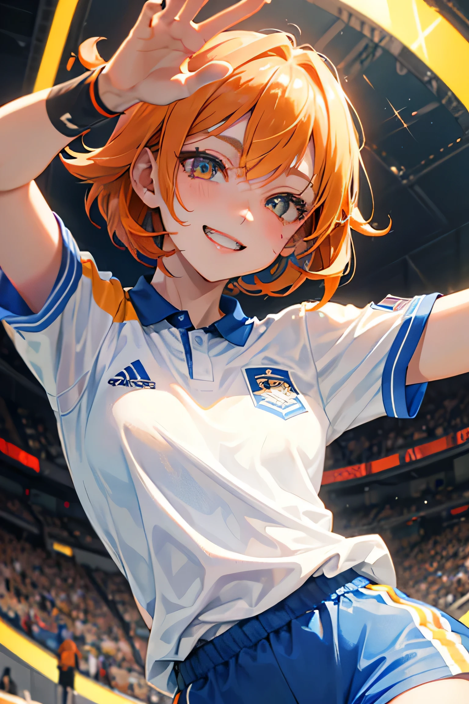 Cool yellow-eyed adult woman in a white sporty uniform、1 person、Mikage Reo style、Orange brown short hair、blue prison、Bold poses and expressions、A smug, smiling face and a condescending attitude、hologram、masterpiece、Superb、Hands open、soccer ball、Exposure is modest、cool、A little bit of cyber