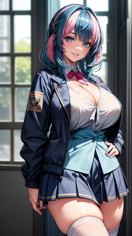 (masterpiece:1.5), (big breasts), 1 girl, young woman, (Beautiful Girl:1.5), (extremely detailed and delicate anime face and eyes:1.5), whole body, (natural light, HDR, extremely details CG:1.3), (dynamic posture:1.3), {correct body anatomy}, (wide hips:1.4), (perfect hands:1.3), single focus, toned body, Beautiful Lips, thick lips, {surreal}, {correct posture}, {minutes details}, {detailed body}, {detailed clothing}, {Bright Eyes}, (cleavage: 1.3), {accessories}, {sexy}, {solo}, (school uniform: 1.5), high school student outfit, (school jacket: 1.5), long sleeves jacket, short skirt, (pleated short skirt: 1.3), (white legwear: 1.3), blouse, ribbon tie, lace collar with tie, pointe shoes, earrings, necklace, hair bow, hairclip, (light smile: 1.3), (medium hair: 1.3), (two-tone hair: 1.5), (blue hair with yellot streaks: 1.5), (hair loop: 1.3), (green eyes: 1.3),