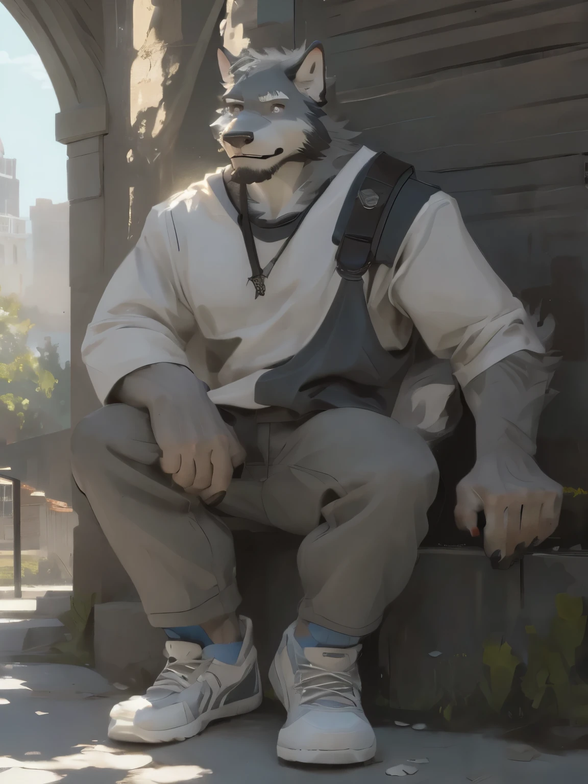 (masterpiece,best quality,Ultra Detailed,Perfect anatomical structure),Detailed background,empty,hairy, ,Clear focus,Gray fur,Wolf Orc, rest 阳光,External,campus, Solitary,Solitary ,male,male ,human nature,muscular,rest (Gray fur:1.5,grey body:1.5),Looking at the audience,Delicateeyes, wearing clothes,Casual clothing is acceptable when the weather is nice,Golden pupils
