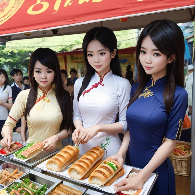 Vietnamese people wearing ao dai　Eating banh mi at a Vietnamese food stall　No bra　Tight Ao Dai