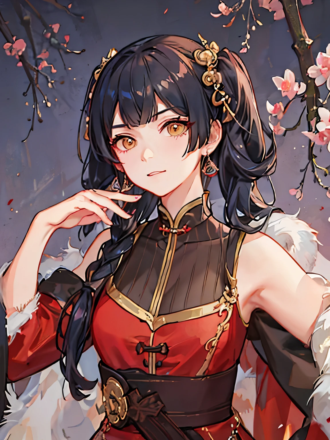 girl, upper body, (detailed face:1.2), masterpiece, fashion, chinese dress, medium hair, black hair, twintails, blunt bangs, brown eyes, facing camera