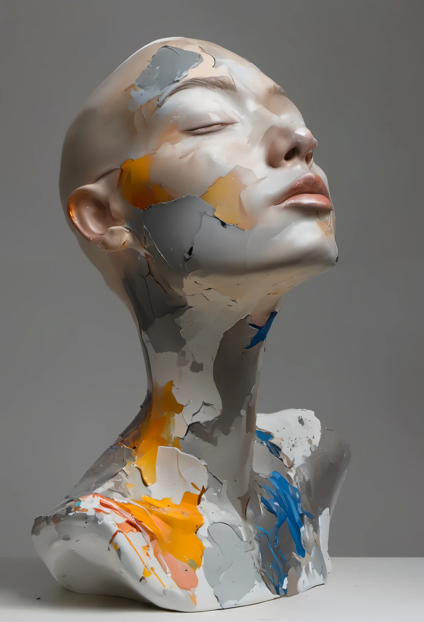 exhibit，Still Life Table，Artistic statues，3D Sculpture，ceramics，Surface cracks，Shattered Texture，Elegant temperament，Beautiful Portrait，bald，Acrylic paint on shoulders，The face is painted with oil paint,Dark background，Light and shadow contrast