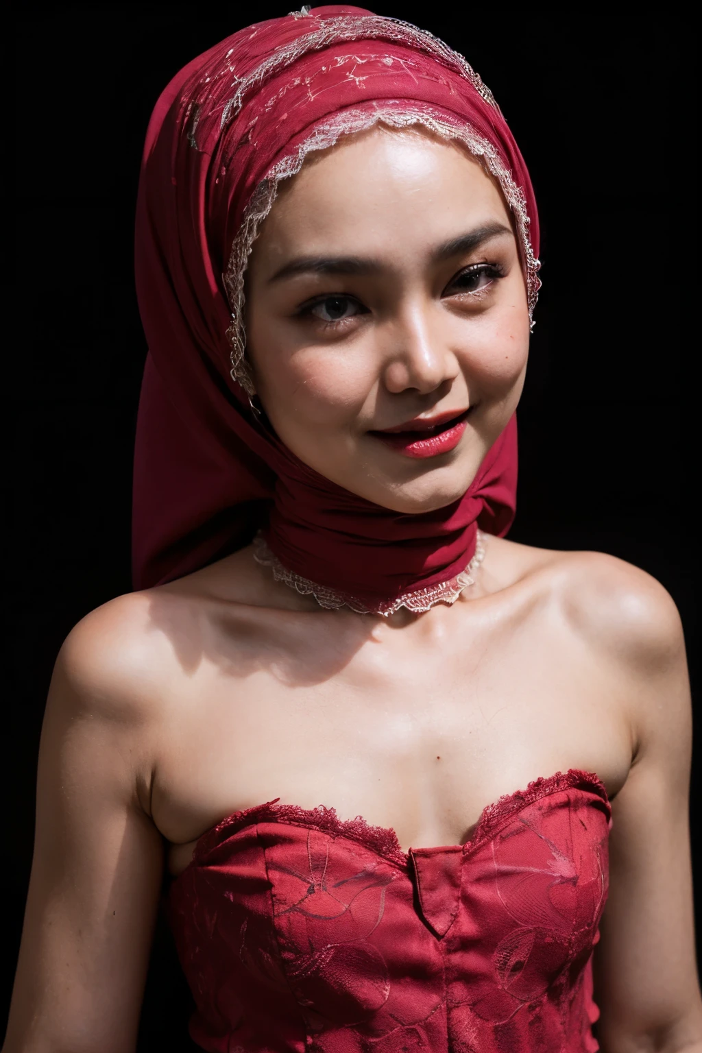 ((FLAT CHEST:1.8)), ((Lace)), (Happy smile), (((HIJAB MALAY GIRL))), masutepiece, High quality, UHD 32K, Realistic face, Realistic skin feeling , A Japanese Lady, 58 years old matured lady, , Very cute and baby-like face, (((FLAT CHEST))), (Night time at forest), ((look In front at the camera and SADNESS)), (((CUTE GIRL))), ((DARK RED FLUORESCENT LIPS)), ((Floral Pattern)) little wearing strapless bra, strapless colorful bra, dark night background , black forest night, horror scary place, (from behind up) seductive pose
