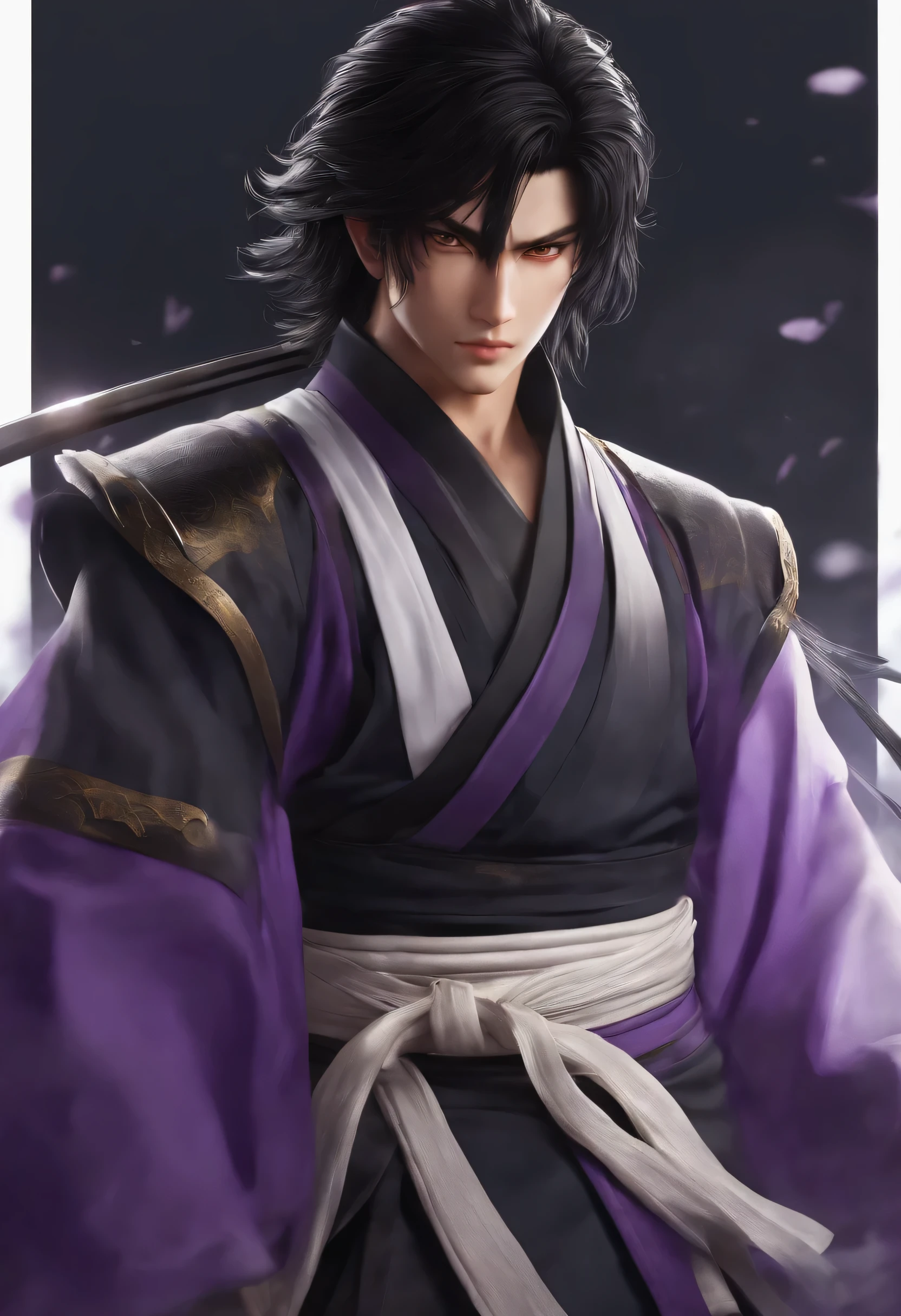 Cara adolescente, cabelo preto, rasgado, ombros grandes, Medium chest, cintura fina, cabelo medio, katana preta e roxa, roupas de samurai roxas e brancas, rosto bonito, olhos brancos, pupila amarela, rasgado forearms