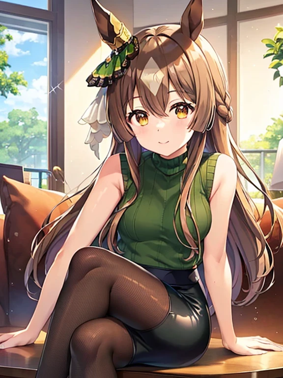 Satono Diamond\(umamusume\), highest quality、masterpiece、Ultra-high resolution、、Anime 2D Rendering, Realistic young anime woman,  Beautiful body, Beautiful thighs, Beautiful feet, White beautiful skin、 ((Green sleeveless V-neck sweater:1.4)、(black mini pencil skirt:1.4)、(garter belt、Black knee-high stockings)、(Black High Heels))、 smile、Face towards the viewer、(whole body、Lying in bed)