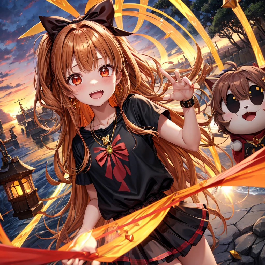 Brown, red, gold, golden hair、Red eyes、One good looking girl、solo、anime、Checkered mini skirt、Black camisole、Black T-shirt、hoodie、Wearing a ribbon、Ribbon on waist、Crystal Earrings、Gemstone Necklace、Light and shadow、Tilting face、Teeth are visible、waterfall、Kuroko、tunnel、pylon、Sunset sky、Towering、frilled lizard、light、flash、Barrel