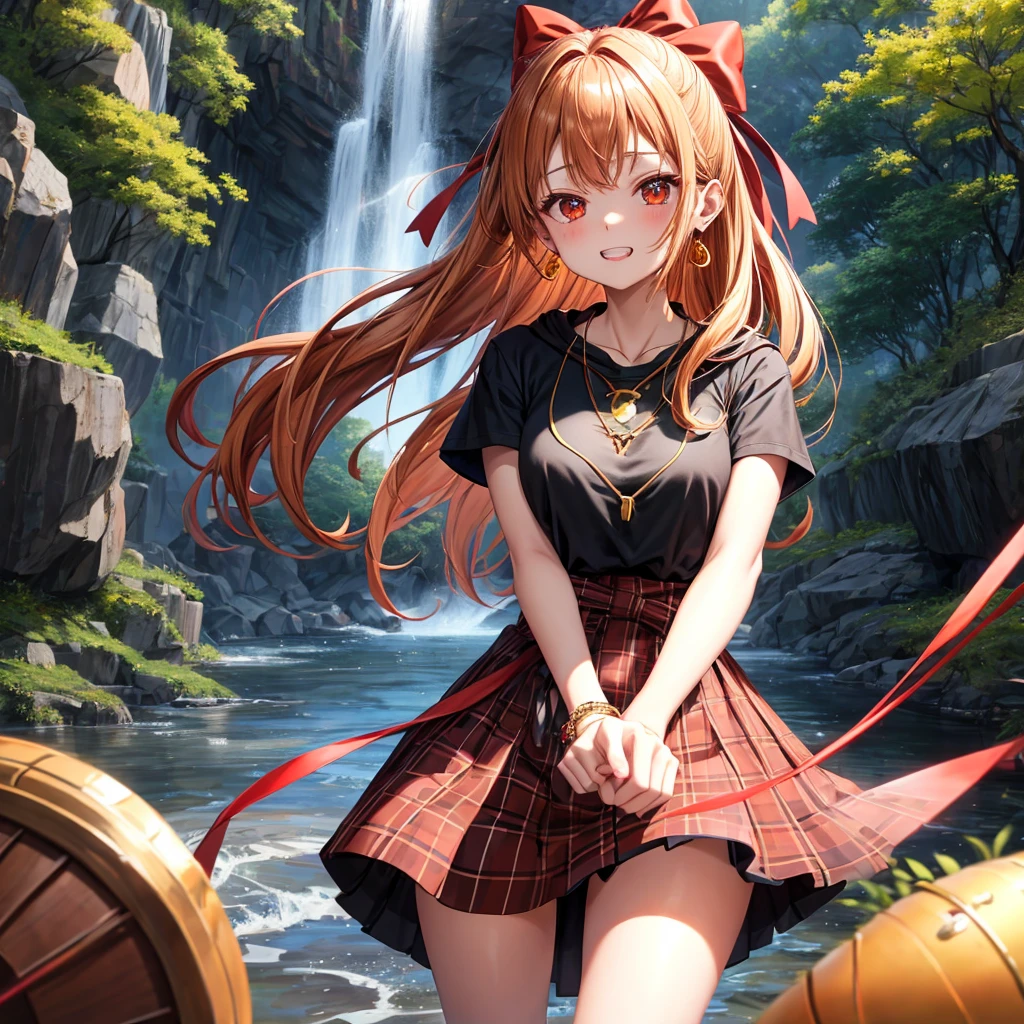 Brown, red, gold, golden hair、Red eyes、One good looking girl、solo、anime、Checkered mini skirt、Black camisole、Black T-shirt、hoodie、Wearing a ribbon、Ribbon on waist、Crystal Earrings、Gemstone Necklace、Light and shadow、Tilting face、Teeth are visible、waterfall、Kuroko、tunnel、pylon、Sunset sky、Towering、frilled lizard、light、flash、Barrel