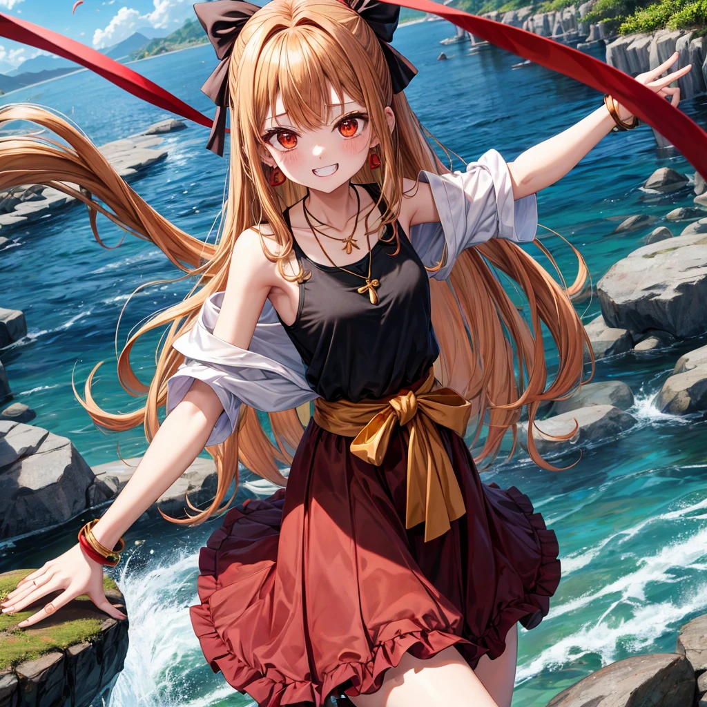 Brown, red, gold, golden hair、Red eyes、One good looking girl、solo、anime、Checkered mini skirt、Black camisole、Black T-shirt、hoodie、Wearing a ribbon、Ribbon on waist、Crystal Earrings、Gemstone Necklace、Light and shadow、Tilting face、Teeth are visible、waterfall、Kuroko、tunnel、pylon、Sunset sky、Towering、frilled lizard、light、flash、Barrel