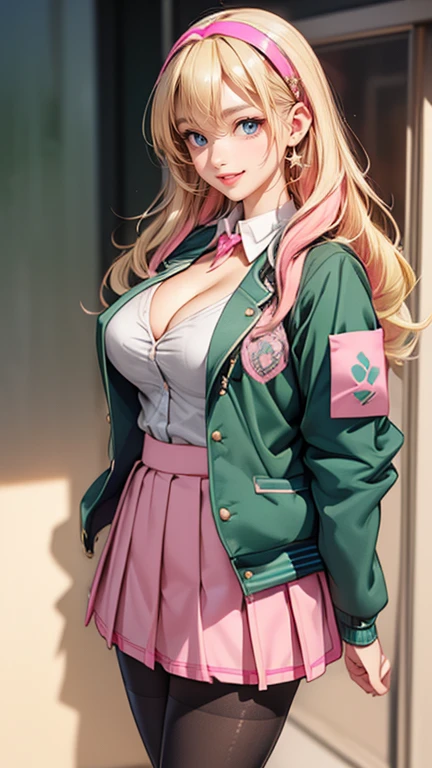 (masterpiece:1.5), (big breasts), 1 girl, young woman, (Beautiful Girl:1.5), (extremely detailed and delicate anime face and eyes:1.5), whole body, (natural light, HDR, extremely details CG:1.3), (dynamic posture:1.3), {correct body anatomy}, (wide hips:1.4), (perfect hands:1.3), single focus, toned body, Beautiful Lips, thick lips, {surreal}, {correct posture}, {minutes details}, {detailed body}, {detailed clothing}, {Bright Eyes}, (cleavage: 1.3), {accessories}, {sexy}, {solo}, (school uniform: 1.5), high school student outfit, (school jacket: 1.5), long sleeves jacket, short skirt, (pleated short skirt: 1.3), (thigh-high pantyhose: 1.3), black pantyhose, blouse, ribbon tie, lace collar with tie, high heel boots, earrings, necklace, hairband, hairclip, (light smile: 1.3), long hair, (two-tone hair: 1.5), (blonde hair with pink and green streaks: 1.5), (blue eyes: 1.3), 