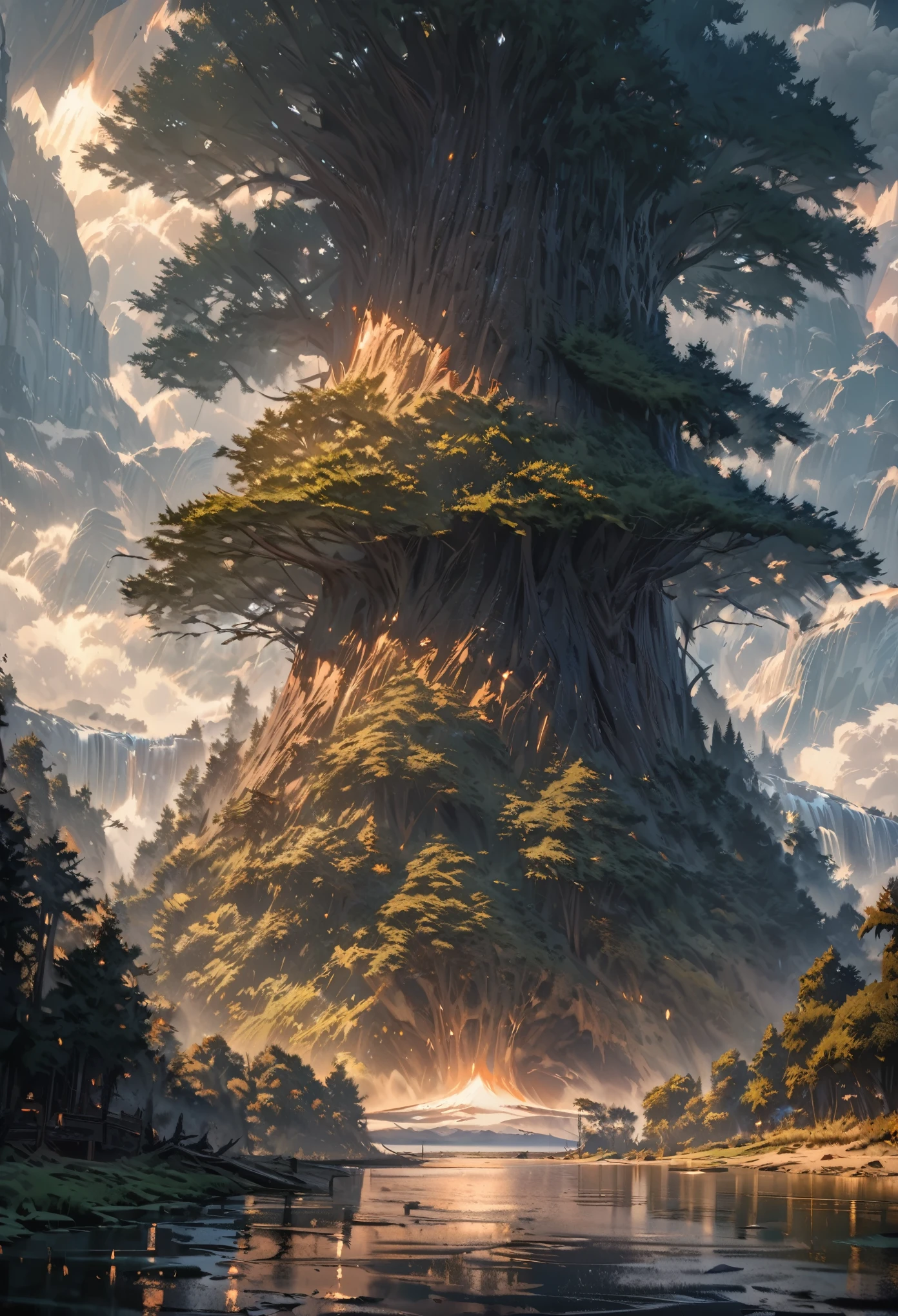 （tmasterpiece、best qualtiy）A huge old tree in the middle of a vast field（（（The roots of the tree are covered with golden lightning）））、surrounded by cloud、Golden and red light in the air，（illustratio：1.0）、Epic composition、realistic detail、high definition detail、high definition resolution，（非常详细的 CG 统一 8k 壁纸）