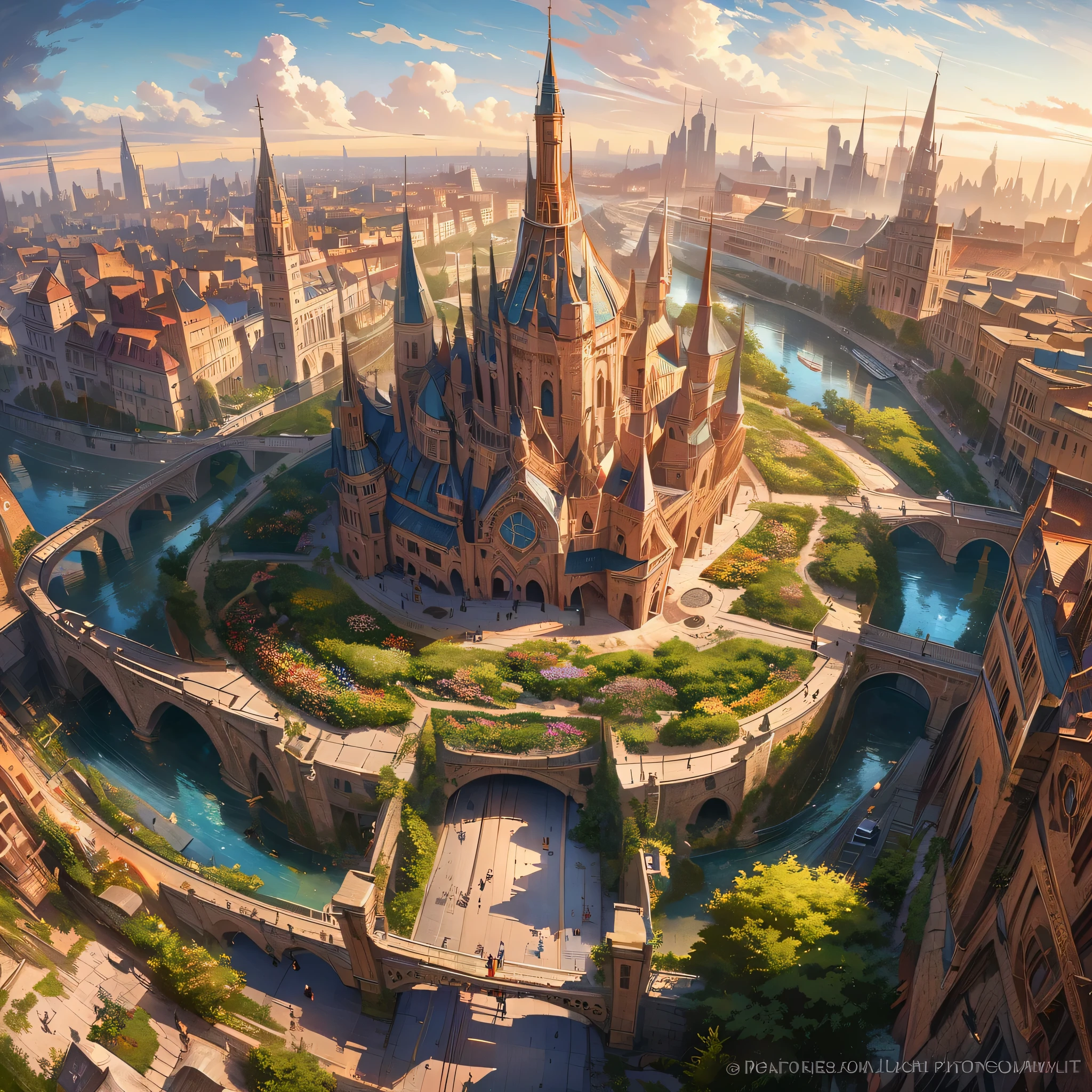 (best quality,4k,highres,masterpiece:1.2),ultra-detailed,(realistic,photorealistic,photo-realistic:1.37),fantastical city ,ethereal atmosphere,majestic golden sunlight shining through the clouds,impressive city structures with intricate architectural details,towering spires and ornate rooftops,picturesque bridges and walkways connecting different parts of the city,lush green gardens and vibrant flowers scattered throughout,soft colors and pastel tones, creating a whimsical and enchanting ambiance,illuminated by a soft warm glow from the city lights,creating a magical and captivating atmosphere from dawn till dusk.