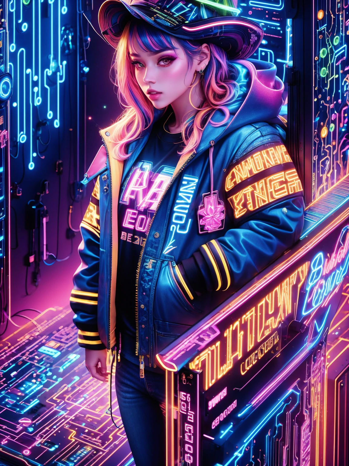 (Neon)，Circuit Board，(Representative :1.2), 16k, neon background, Cyberpunk background, Cyberpunk, get off the sports car, Neon lighting effect reflected on the character's body, neon lighting effect, line neon,1 girl, night, blurred background, brown eyes, cowboy, denim jacket, depth of field, hands in pockets, upper body, slanted body, above hips, hat, hoodie, coat, jeans, lips, looking at the viewer, neon, open clothes, open jacket, slightly lifted lips , rainbow, shirt, solo, standing，(Exquisite and perfect demeanor:1.3)，(dream)，(Ultra HD, masterpiece, precise, Anatomically correct, textured skin, High Detail, high quality, The award-winning, 8k)