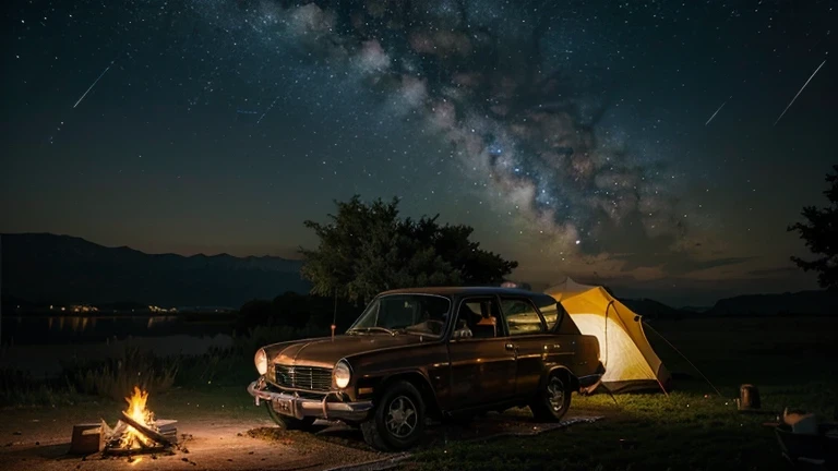 bonfire, old car, tent, lamp, 밤 sky full of stars, tranquil night, masterpiece, amazing