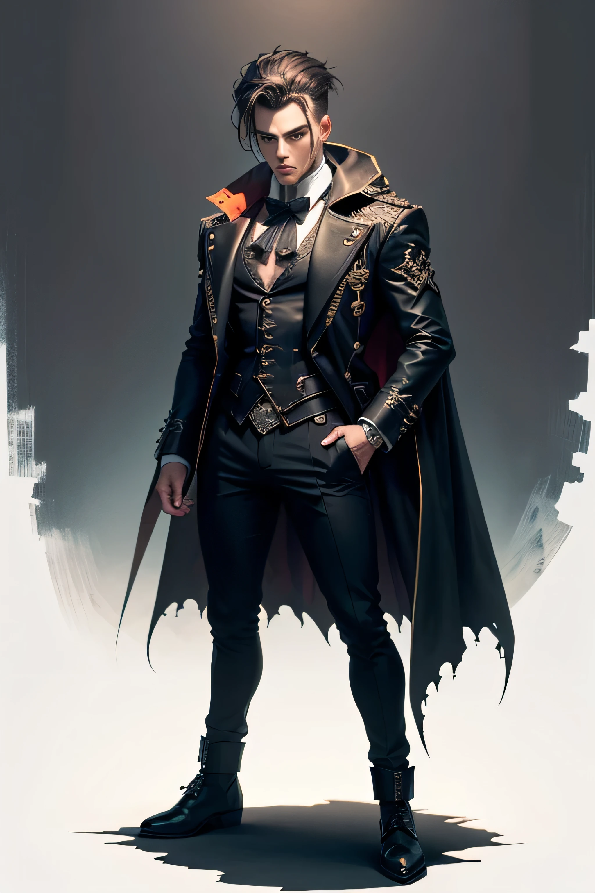 Create an extravagant full-body portrayal of a guy in Gothic style, emphasizing the "guy" theme. The design should feature Gothic elements such as lace, ribbons, and Victorian details, showcasing an elegant and intricate style. Utilize a color palette of black, white, and pastel tones to capture the unique Gothic aesthetic. The design must be eye-catching, with the guy centered in the image against a white background. She should fit well within the space, ensuring she does not touch the edges of the canvas. No text should be included in the image.