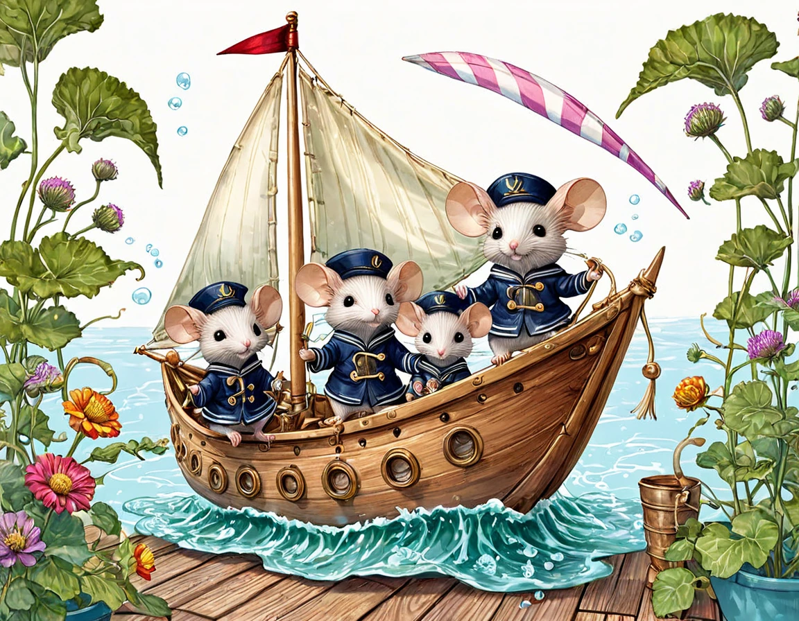 Illustration of a doll-like ship with a sail crafted from burdock leaves, four adorable sailor mice adorning the deck of the vessel, their tiny hats resonating jubilance, bathed in bright childhood hues, intricate detailing paired with a whimsical style, capturing the innocence of young imagination, for a baby book, digital painting, ultra clear, UHD drawing