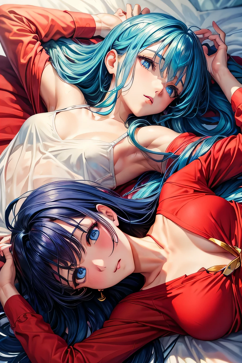 sax brook person, sax brook, (masterpiece:1.2), (highest quality:1.2), Perfect Eyes, Perfect Face, 1 girl, alone, Blue eyes, (Medium chest), Firm breasts, red pj, Lying in bed, Attractive look, Place your hands behind your head, Side view