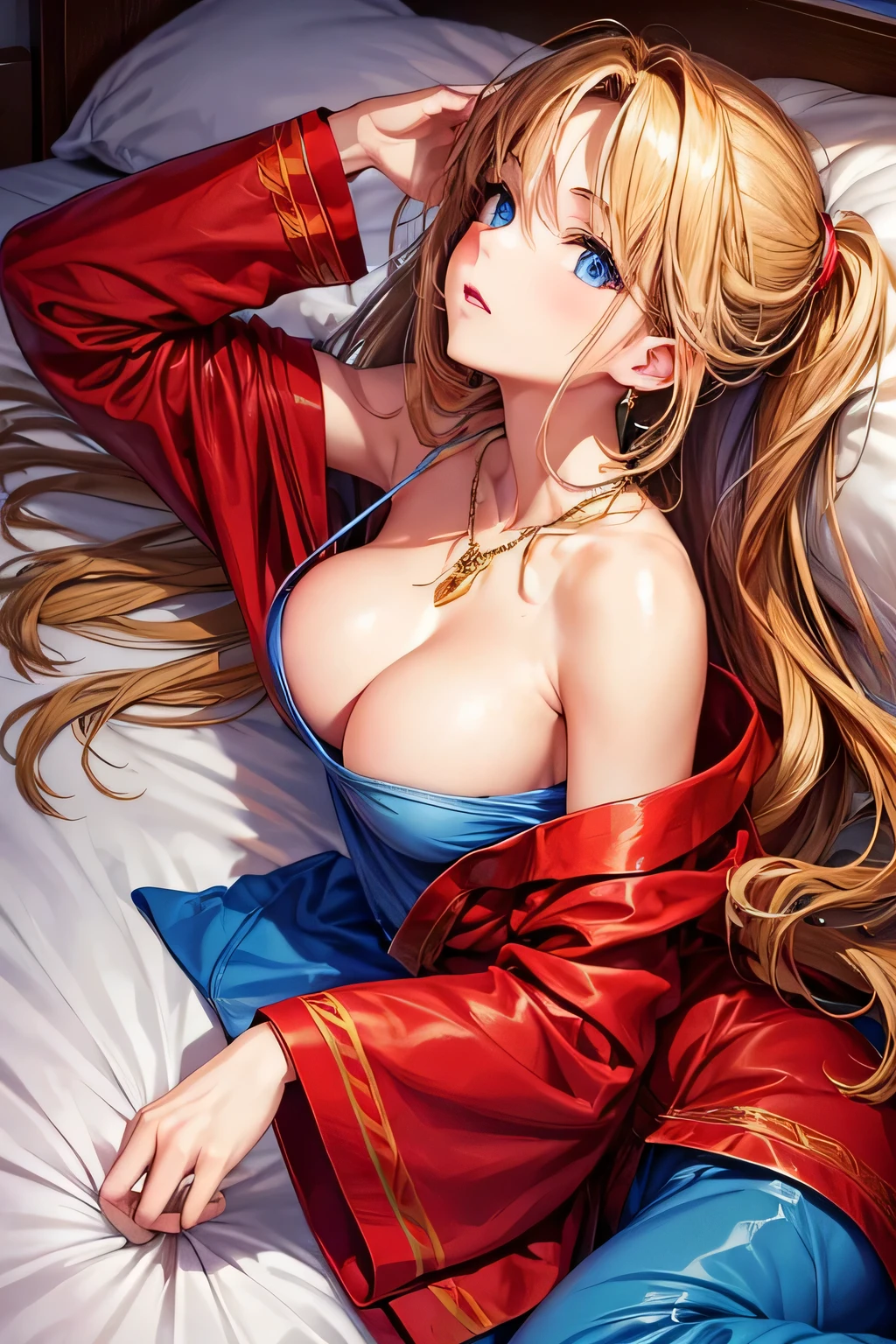 sax brook person, sax brook, (masterpiece:1.2), (highest quality:1.2), Perfect Eyes, Perfect Face, 1 girl, alone, Blue eyes, (Medium chest), Firm breasts, red pj, Lying in bed, Attractive look, Place your hands behind your head, Side view