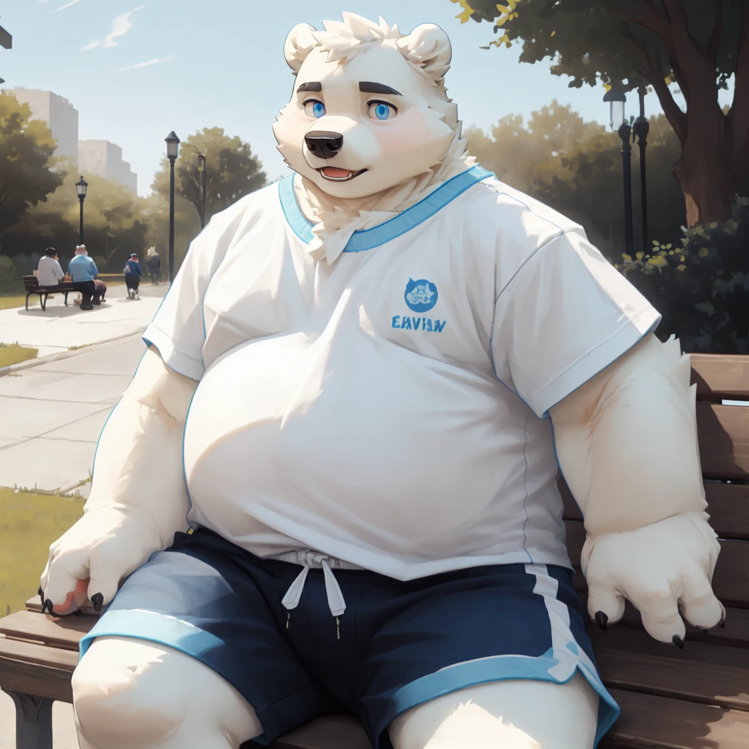 New Jersey 5 Furry,polar bear,Personal portrait,Unique,Exquisite, Chubby,Fat,Thick arms,Rugged muscles,White plush fur,Chubby脸,Black eyebrows,Sky blue eyes,Beard,Black-rimmed glasses,White T-shirt,Grey shorts,in the sun,On campus path,tree shade,Holding a book