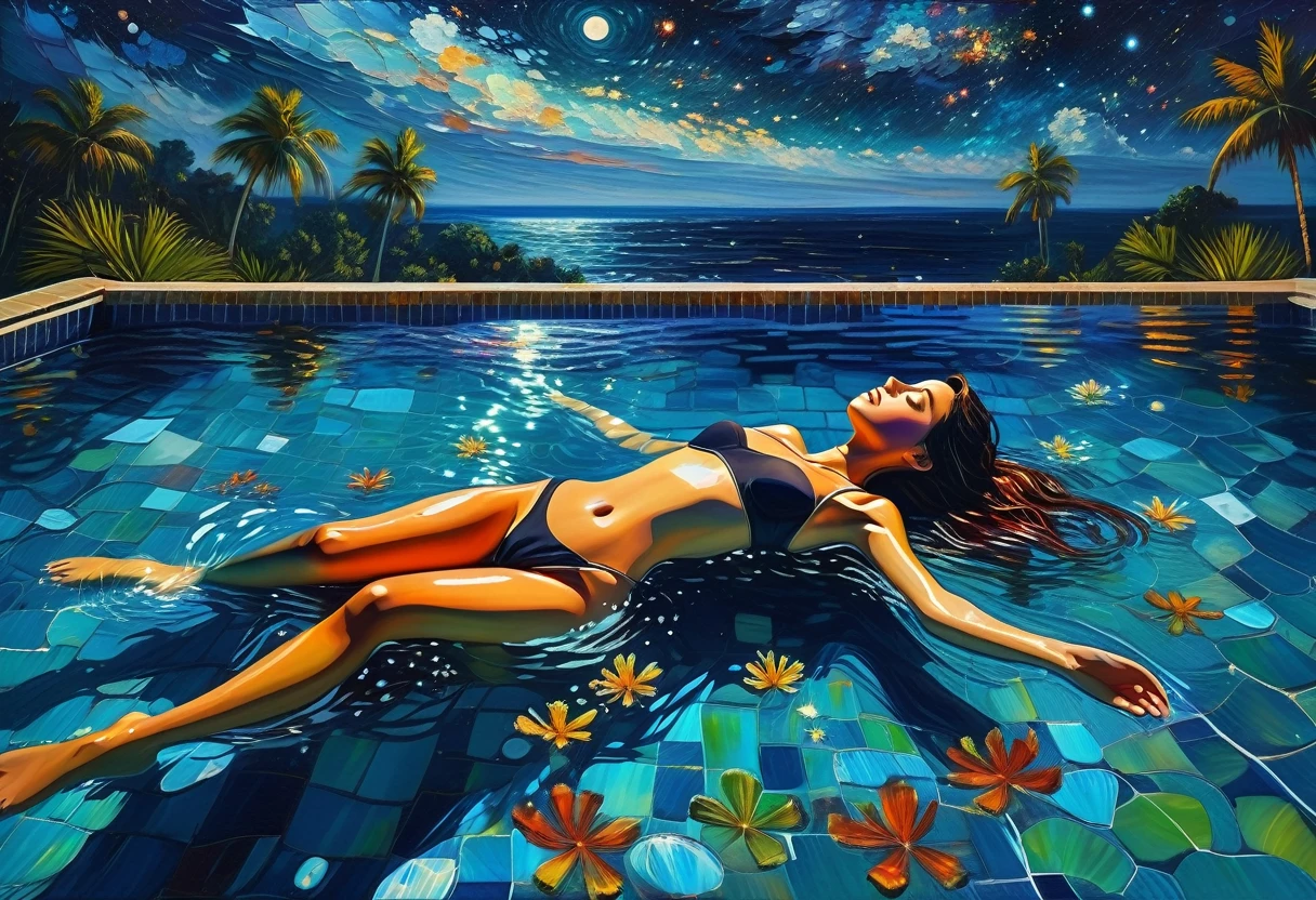 (((spa procedure, floating))), the girl lies on her back horizontally on the surface of the pool water, the edge of the pool to the horizon starry sky, high quality, masterpiece,((Dino Daeni style)), deep color of the water, top view, oil painting knife, ((best quality, masterpiece)), (high detail), impressionism:1.1, 8k