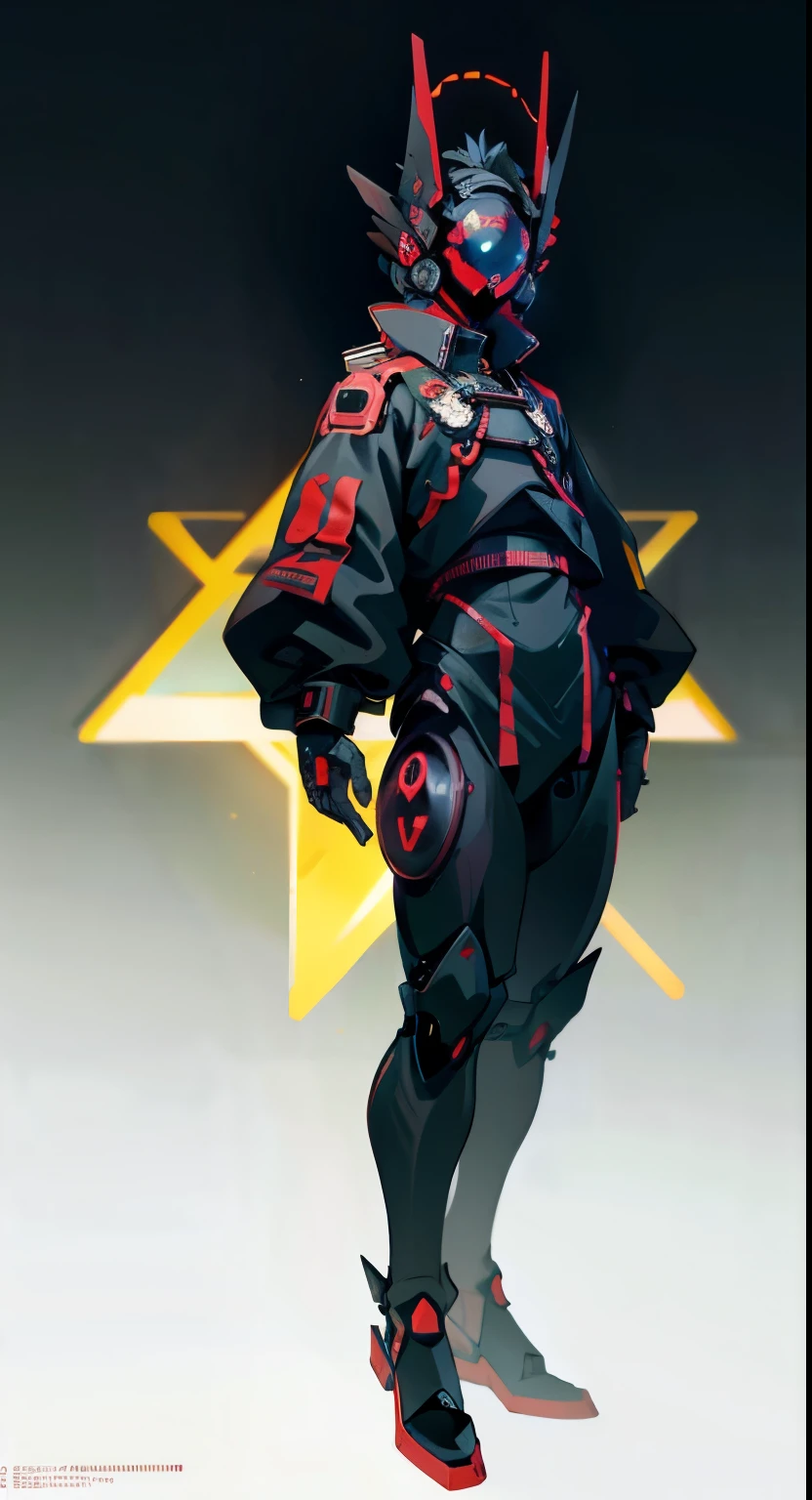 masterpiece, best quality, A close-up shot of a futuristic boy,China is black and impermanent,The traditional image of Hei Wuchang,Tradition meets modernity,Mechanical body,Chinese traditional clothing,Wearing a fantastic cyber helmet,Red triangle LED light and halo on the helmet, Wearing a black Techwear jacket with "Peace in the World" written on it, Full body white background