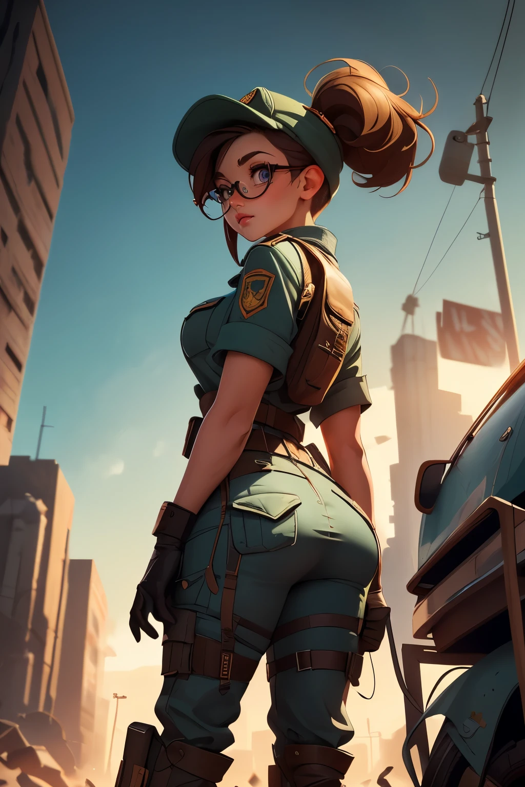Wide angle, view from behind, a pretty girl messenger, wearing large glasses, undercut hair, wearing postal uniform, in a post-apocalyptic world