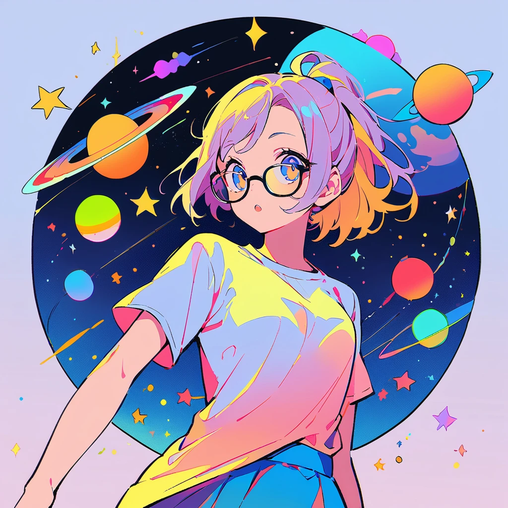 Stars and planets floating in outer space, 1 Girl Skin, Small Breasts, Wearing thick-framed glasses, Highlights her facial features, short hair, Ponytail and Gray, silver shirt, She wore another tight shirt underneath her shirt, Bright colors, and blue skirt high-top non-slip sole boots, Stars and planets floating in outer space
