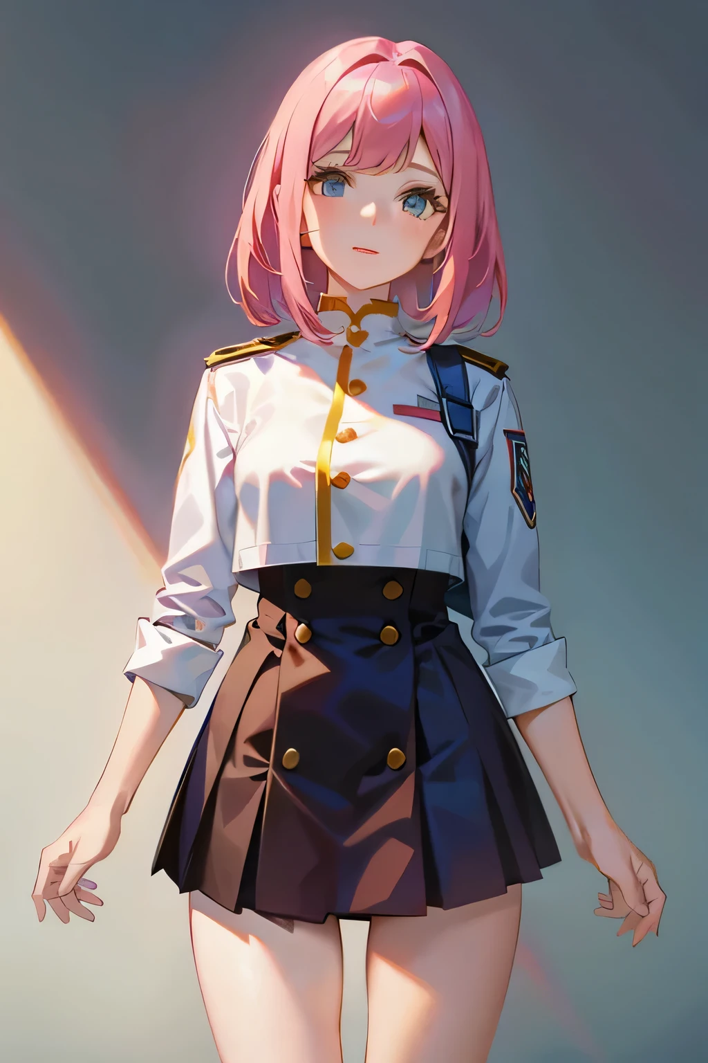1girls, Single person， (Masterpiece:1.1), (Best quality:1.1),  Break [blue:Pink:0.5] theme, Cowboy shot,Cinematic light， upperl body，Positive perspective，Pink long single ponytail，exquisite facial features，The Perfect Hand，Blue eyes, (Black military top:1.2)，White belt，White epaulettes，(Black pleated skirt:1.2)，Black knee-length boots，standup，beckon，Coastal background