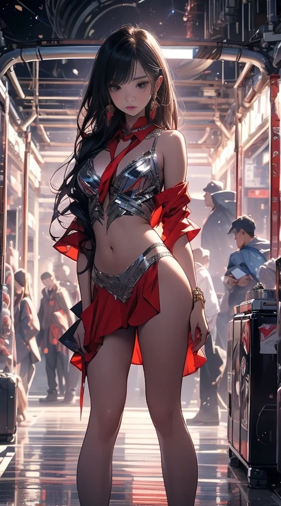 masterpiece,8k,chinese beauty girl,big breasts,red tieek,crying face、transparent clothes,very body fitting sparking sheer ultraman-girl costume,super model proportion,full body:1.7,space station,