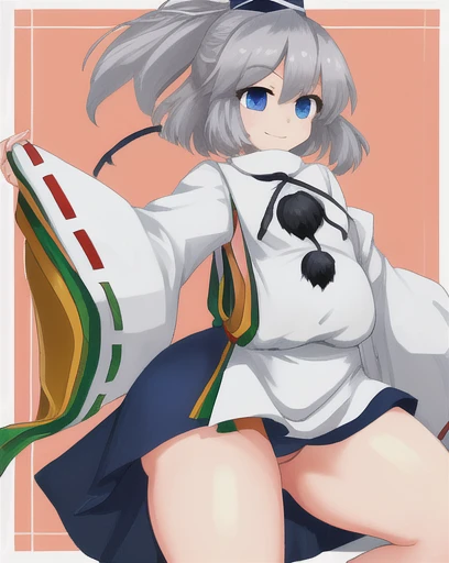 mononobe no futo, One girl, Long sleeve, Sleeves edged with ribbon, Gray Hair, blue eyes, Proud face,
Underbust,  Leg spread,Sweat,Streaks