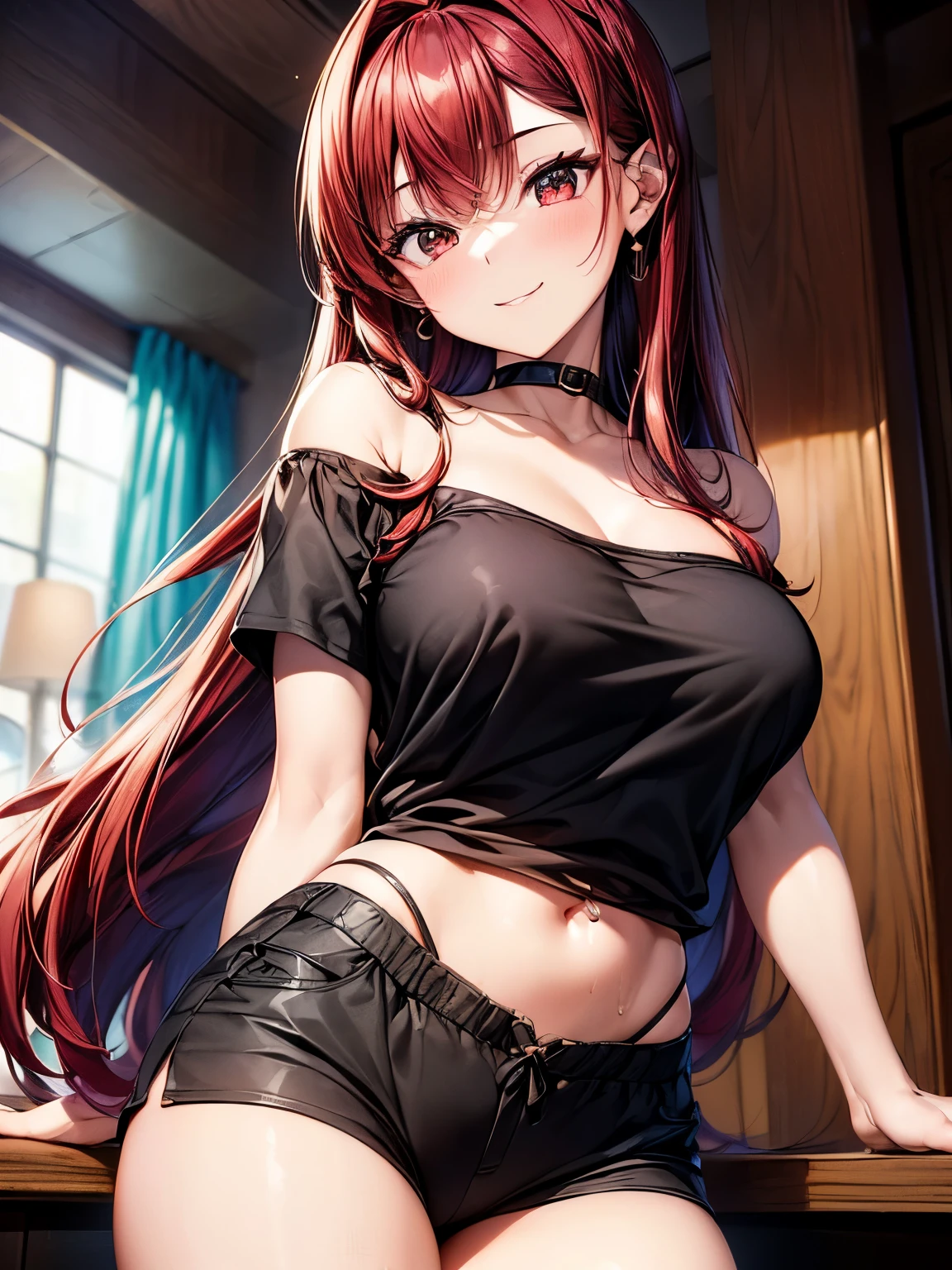 highest quality、Nice sexy body、One Woman、(solo)、((Beautiful busty woman:1.6))、((Woman with dark red hair:1.3))、Long hair woman、(A woman wearing a beige off-the-shoulder top)、(Woman in black shorts)、smile