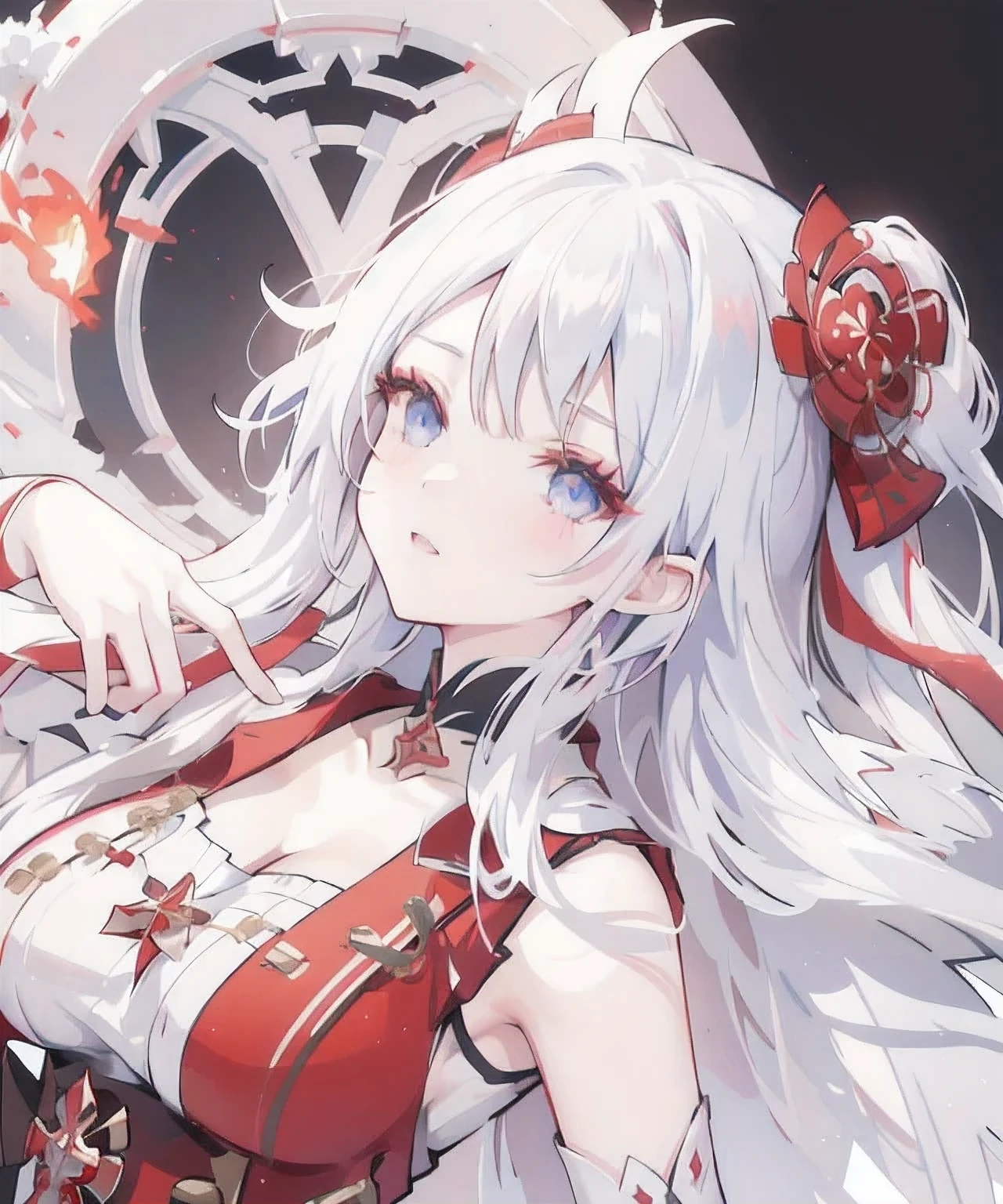 anime girl with white hair and red dress posing for a picture, blue eyes, white haired deity, ayaka genshin impact, edelgard fire emblem, characters from azur lane, ayaka game genshin impact, edelgard from fire emblem, cushart krenz key art feminine, shalltear bloodfallen, azur lane style, from the azur lane videogame