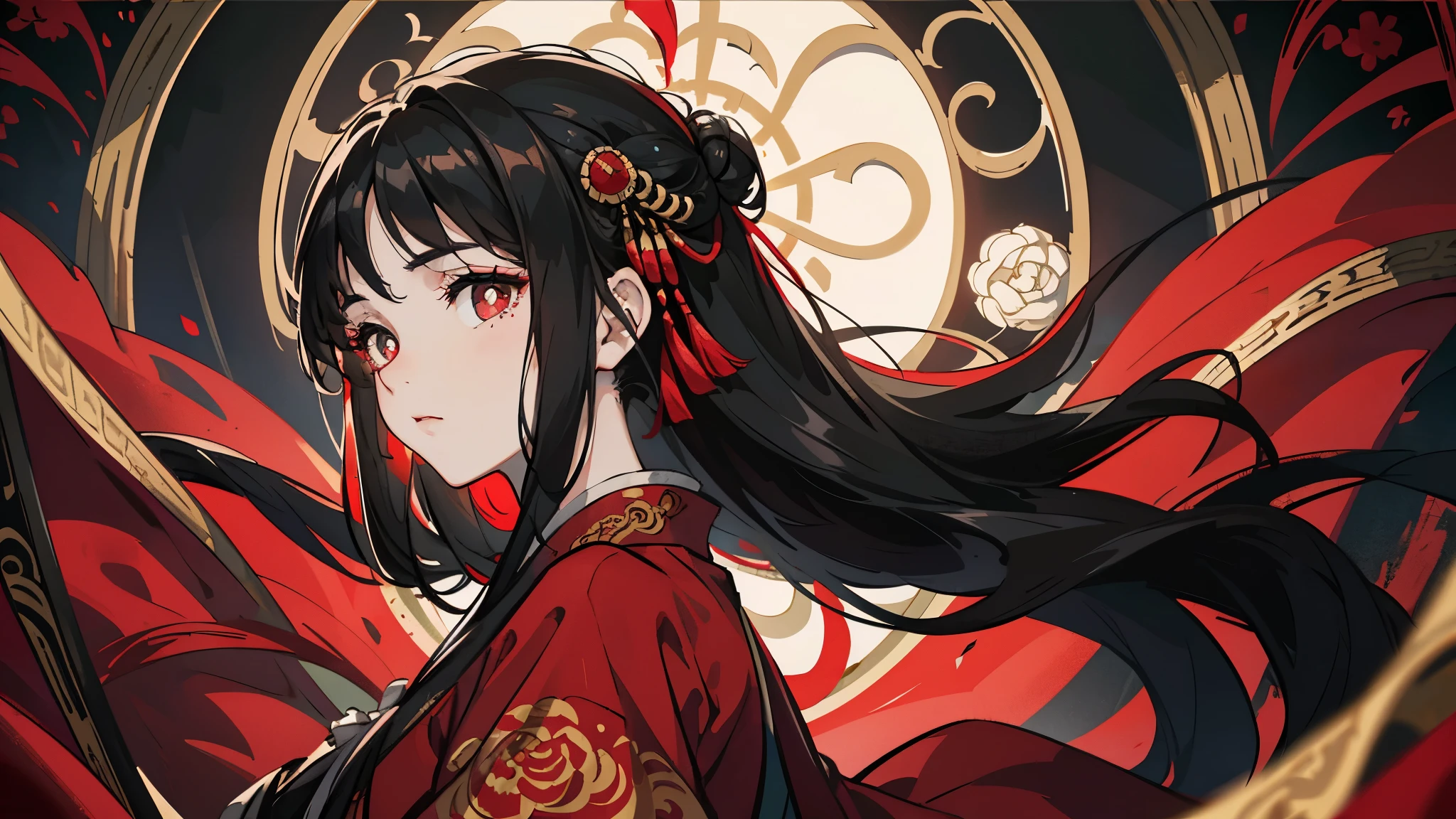 Mature girl, black hair, floating hair, delicate eyes, red pupils, heroine, black and red antique damask hanfu, FOV, f1.8, masterpiece, complex scene, gorgeous portrait shot