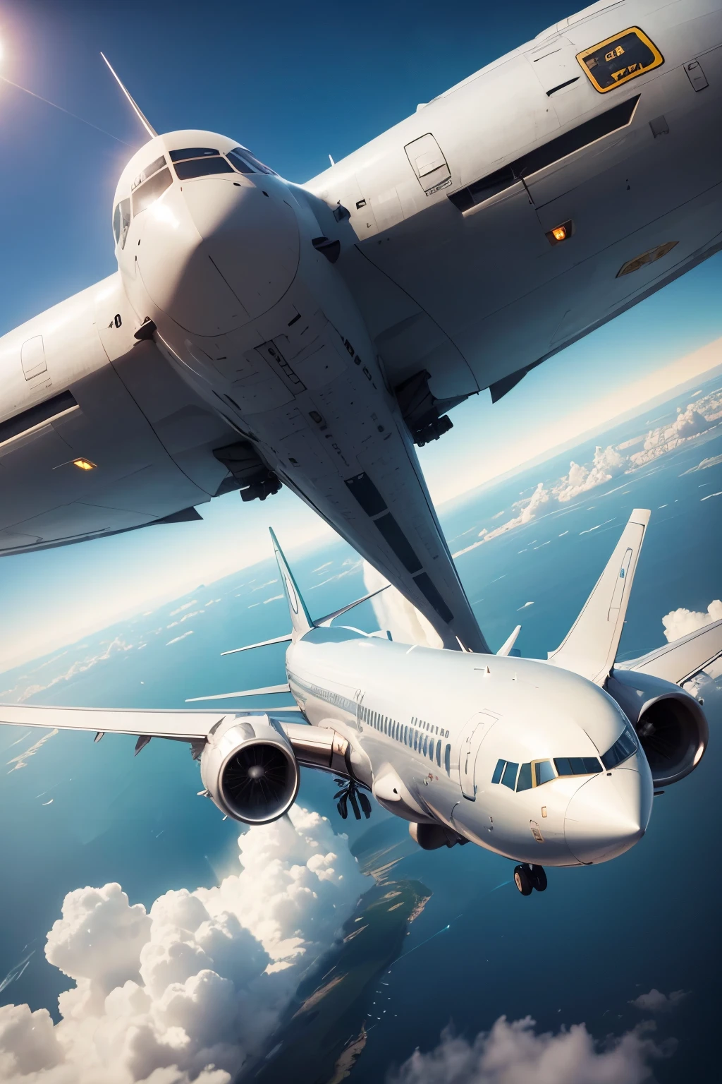 Soaring high above the clouds, an elegant Boeing 737 airplane gracefully takes flight. Its sleek silver body cuts through the sky, leaving a trail of vapor in the crisp air. Passengers inside look out the windows, awestruck by the breathtaking view below. The hum of the engines and the gentle shake of the plane against the wind create a sense of peace and adventure. Up in the sky, the Boeing 737 is a marvel of modern engineering and human ingenuity.