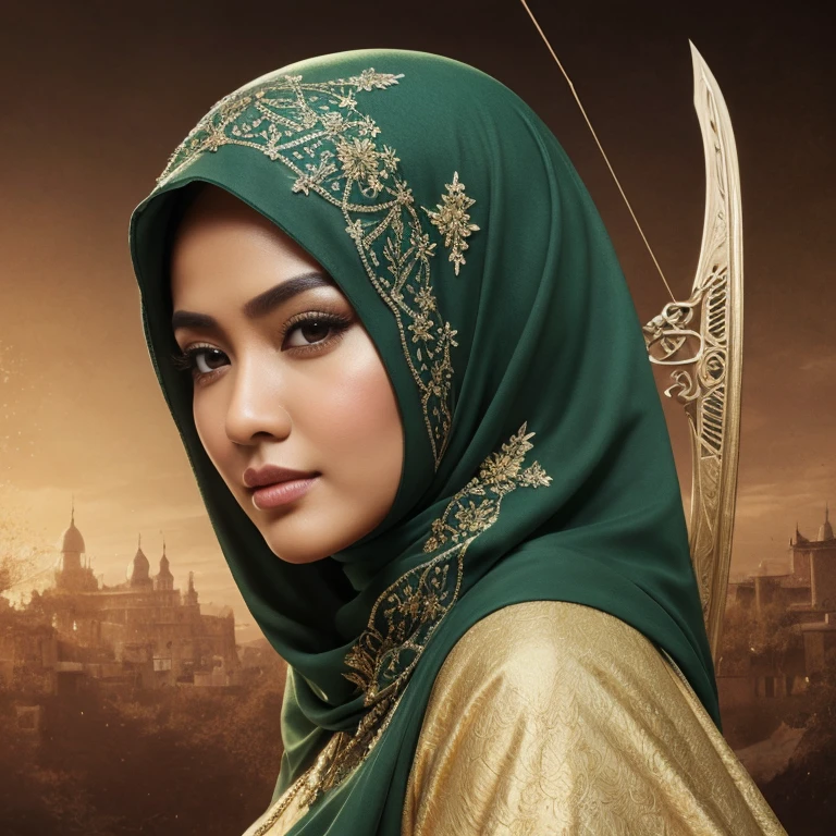 "Masterpiece semi realistic digital painting , HDR XLS, 32K ,1080p, Elegant beautiful hijabi Malay princess Mira filzah actress Malaysia face, 25 years old , thick eye brows, tanned skin, beautiful eyes, an archery, pointed a bow and arrow, archery position, looking at the viewers in 2/3 angle view, beautifully crafted design bow, background luminous lighting,focus the  intrigue, designs of costumes, long shawl, green loose clothing, Malaysian style , inner hijab ..."