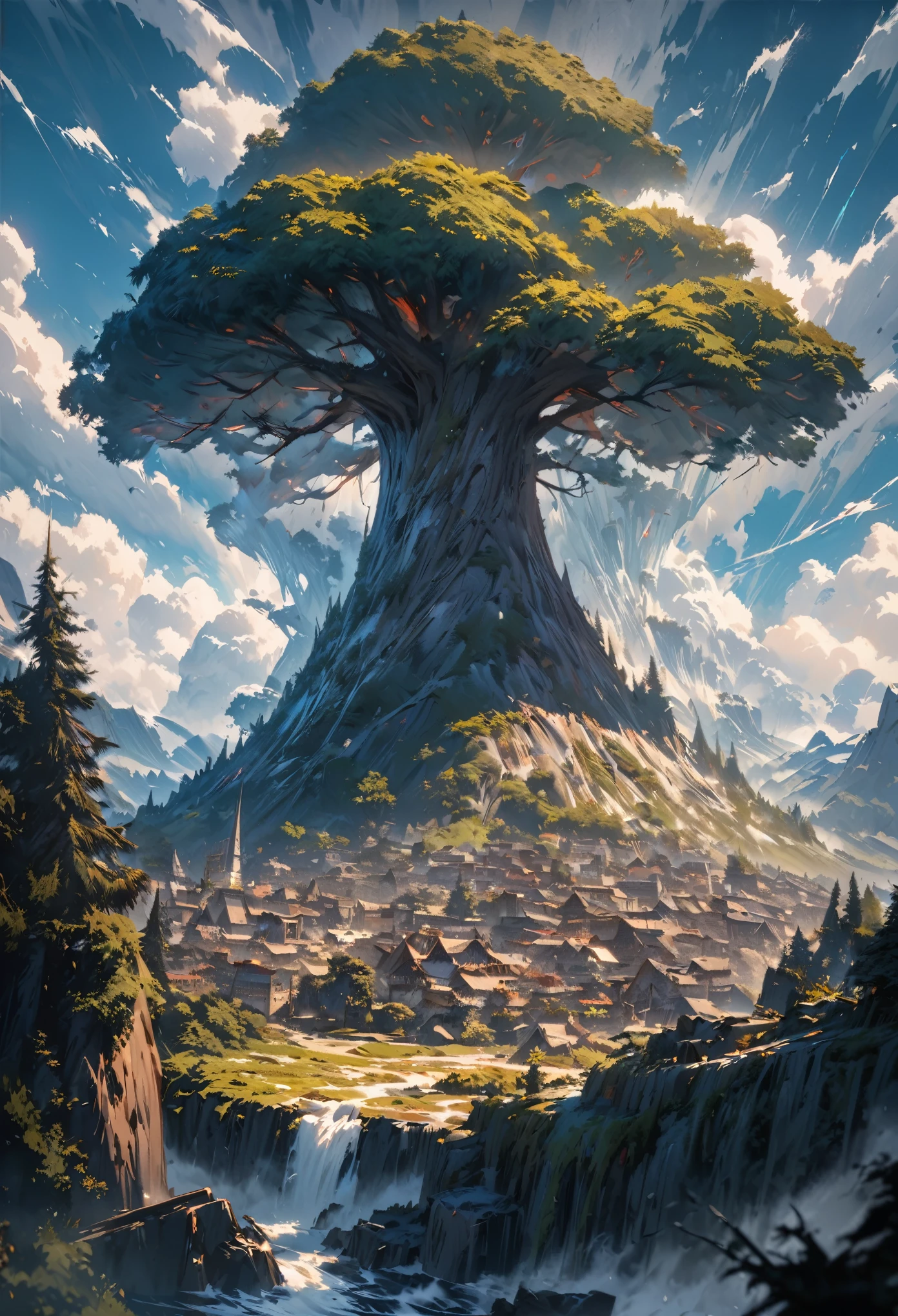 In the center of the image is the immense world tree, strong roots, towering over the clouds, at the foot of the tree is a city with blue sky and white clouds in the background, best quality, beautiful image, extreme detail, masterpiece, cinematic light, masterpiece, impasto